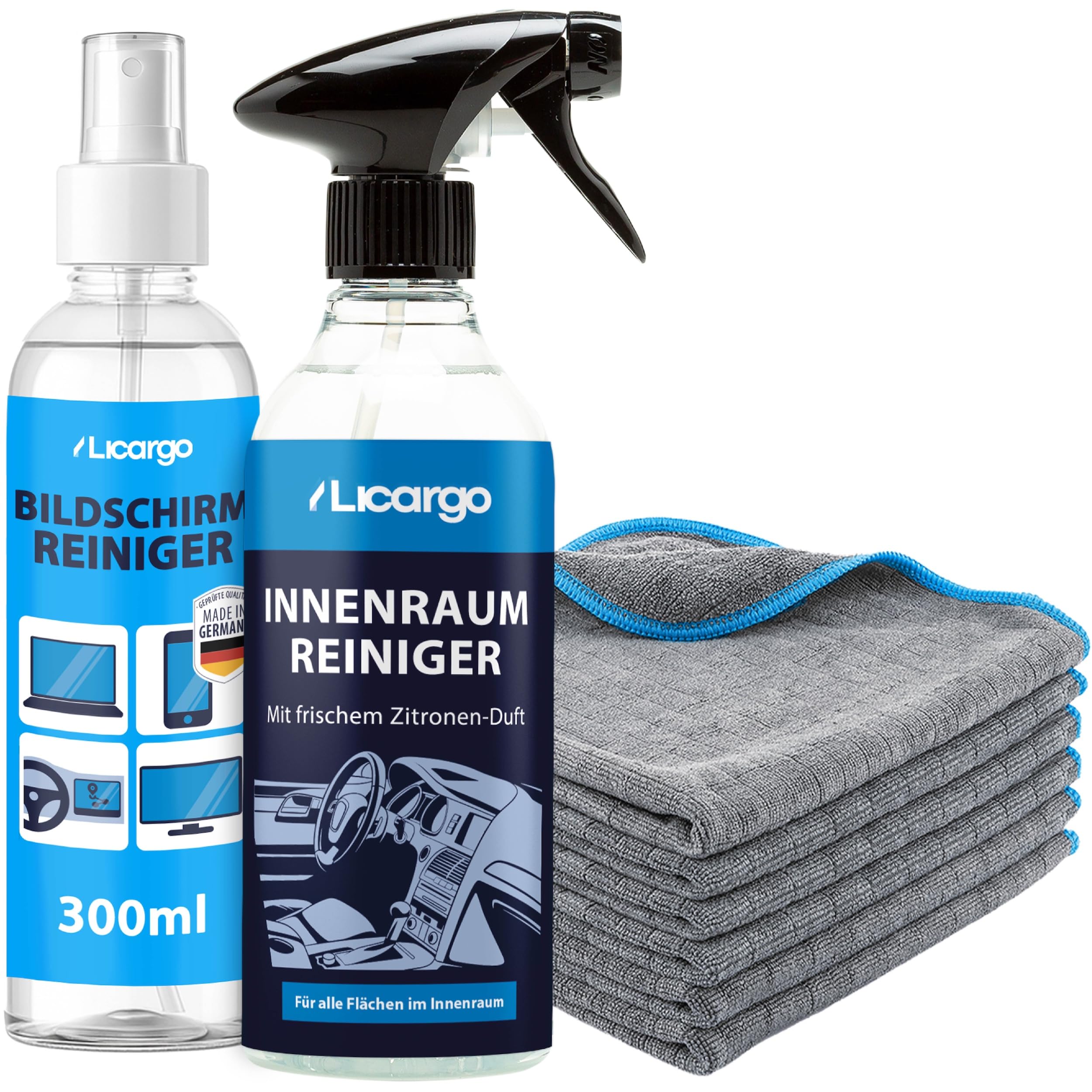 LICARGO Innenraum & Display Pflege Set – Innenraumreiniger 500ml, Bildschirmreiniger 300ml & 6 Mikrofasertücher 380 GSM – streifenfreie Cockpitpflege, klare Displays & schnelle Autopflege innen