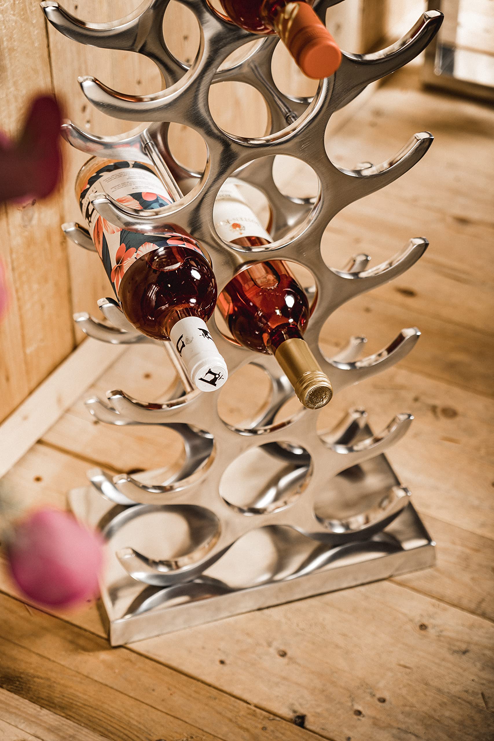 MichaelNoll Botellero para botellas de vino, de aluminio plateado de lujo, estante moderno de metal, soporte para botellas de champán, vino y champán, 101 cm XXL