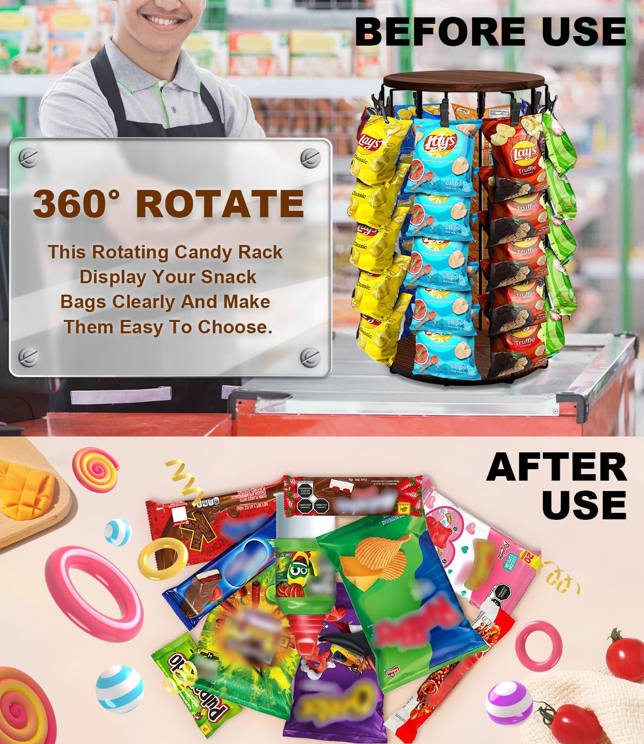 Chip Rack Display Stand, 2025 New 5 Tier 40 Clips Snack Organizer with Rotating Wooden Base, Chip Holder Candy Display for Countertop, Concession Stand, Party, Retail, Office Snack Display Rack, Brown