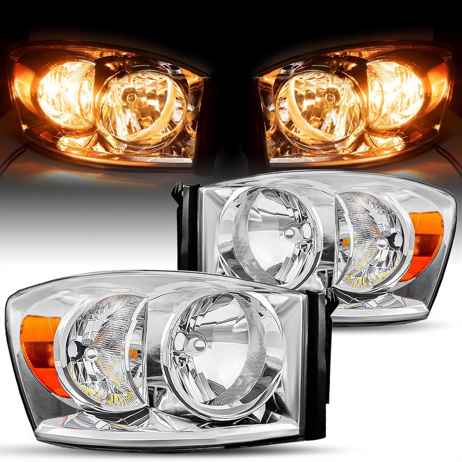 JSBOYAT Headlight Assembly for 2006–2009 Dodge Ram 1500/2500/3500 (Chrome Housing Amber Reflector)