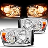 JSBOYAT Headlight Assembly Replacement for 2006-2008 Dodge Ram 1500/2006-2009 Dodge Ram 2500 3500 Pickup Driver and Passenger Side, Chrome Housing & Amber Reflector