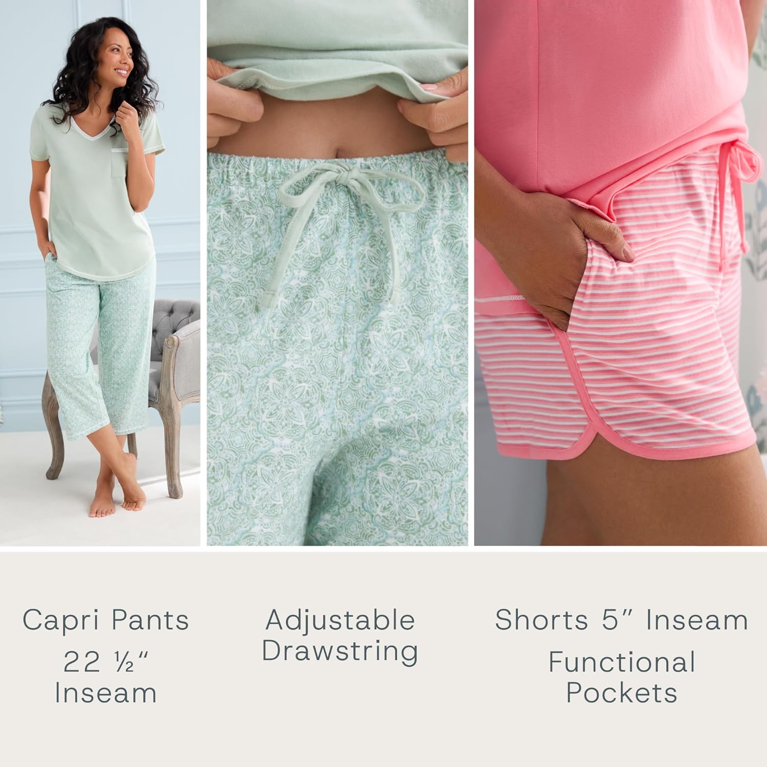 Carole Hochman Women's 4-Piece 100% Cotton Pajama Set – V-Neck T-Shirt, Tank, Capri Pants & Shorts with Drawstring & Pockets