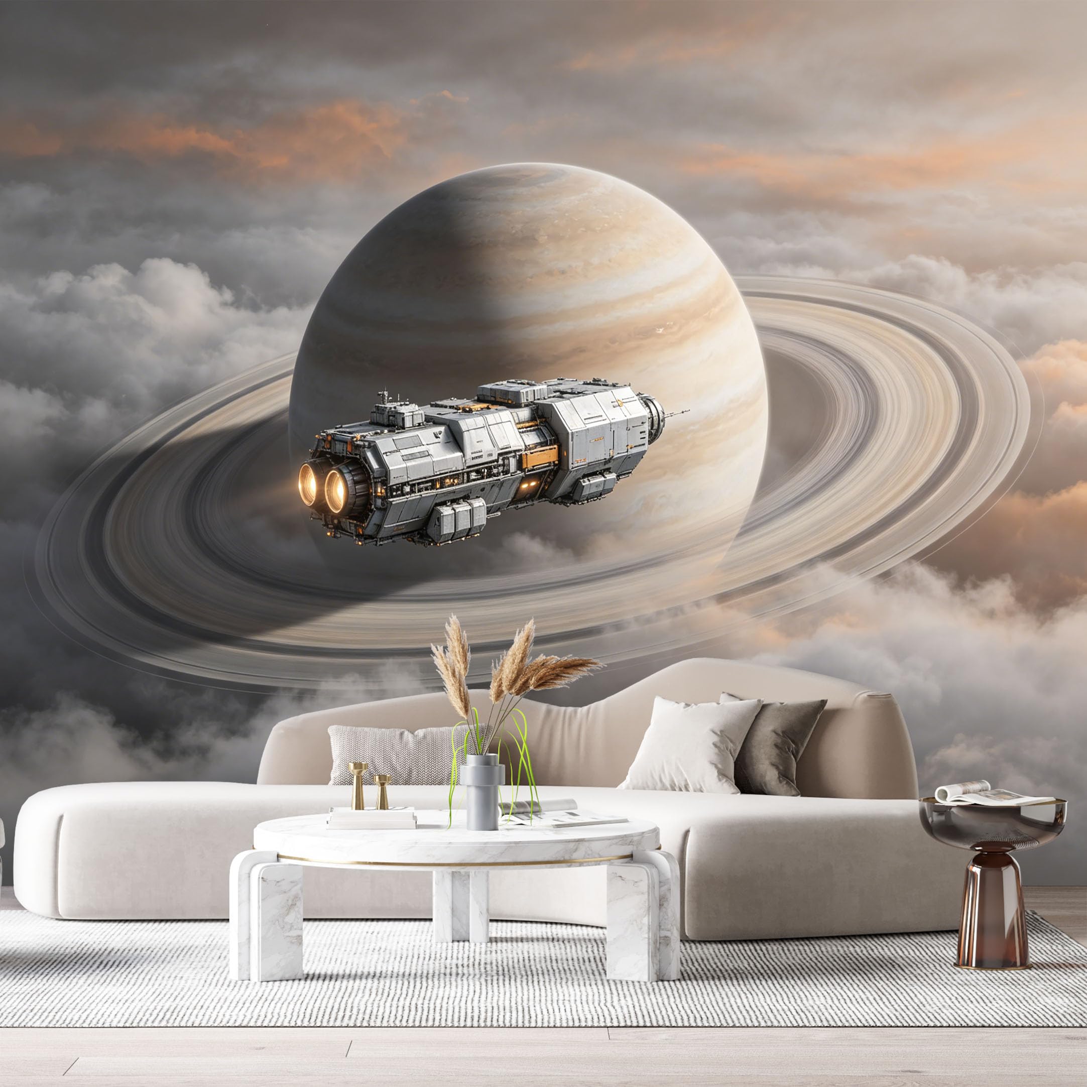 Custom Size Wall Mural Futuristic Spacecraft Orbiting Planet Saturn Science Fiction Space Operations 3D Realistic SelfAdhesive Art Prints Removable Large Wallpaper Esports Game Room Studio