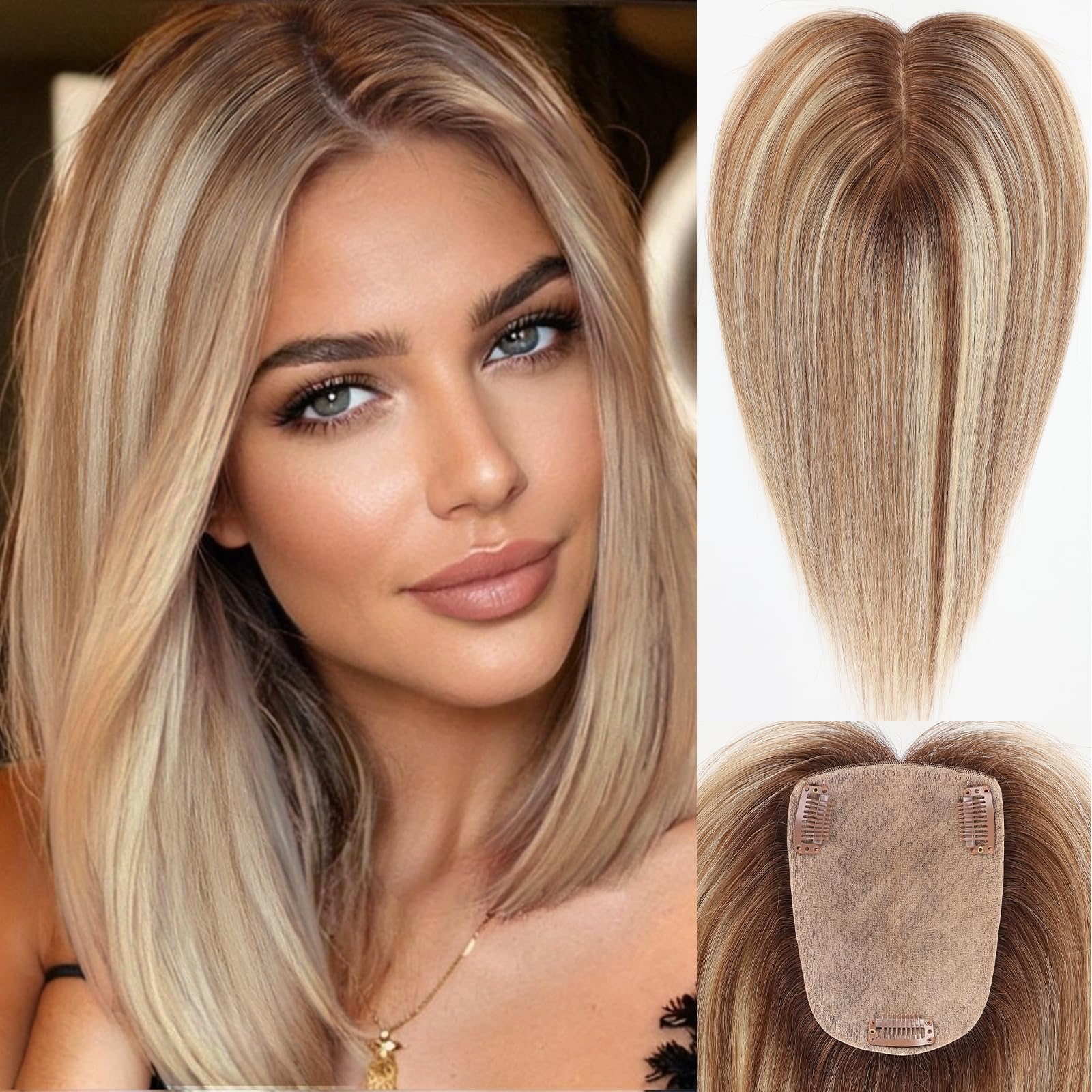 HAIRCUBE Topper per capelli umani da donna, veri capelli umani, senza frangia, 10,2 x 14 cm, base 30,5 cm, marrone con evidenziazione bionda per donne con radici diradate o grigie
