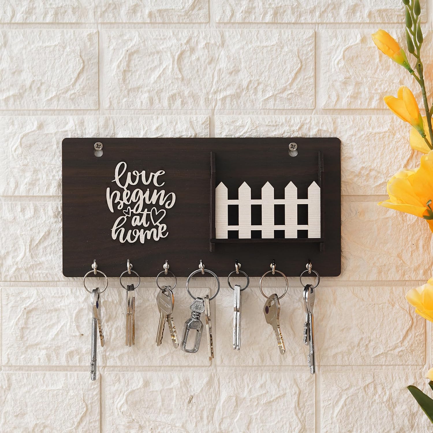Webelkart Wooden Matte Finish Designer Home Side Wall Shelf, Key Holder with 7 Keys Hooks (Brown) (LoveBeginsathome)