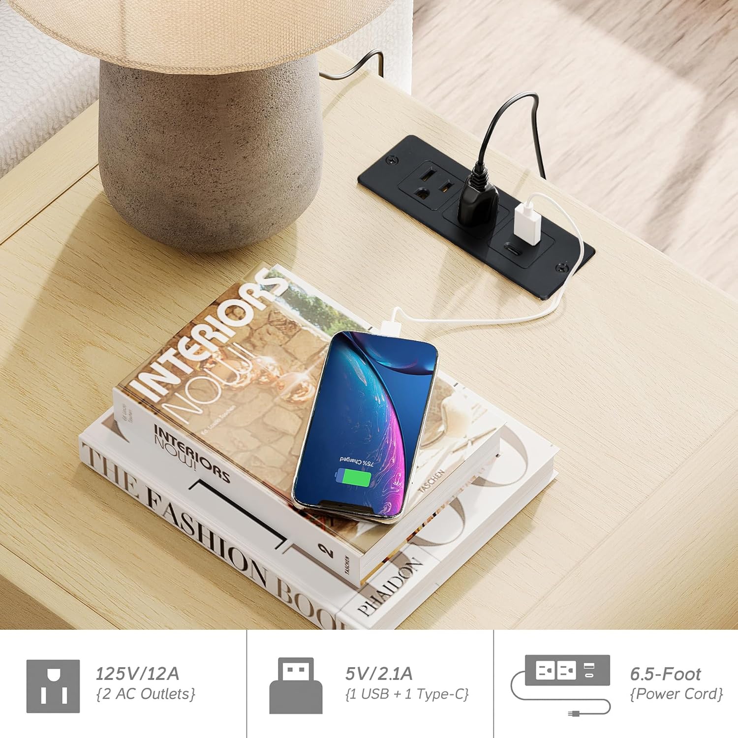 WAMPAT 3 Piece Dresser and Nightstand Sets for Bedroom, 47.2" W Mid Century Modern 6 Drawer Dresser & Nightstand Set of 2 with Charging Station, Curved Profile Design, Natural Texture, Oak