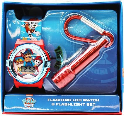 Paw Patrol Kids Flashlight LCD Watch & Flashlight Set Chase, Marshall, Rubble Character Design, Digital Display, Light-Up Feature, Adjustable Strap, Fun for Young Fans Fits Wrists 5.5 to 8