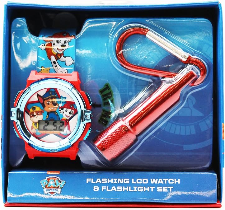 Paw Patrol Kids Flashlight LCD Watch & Flashlight Set Chase, Marshall, Rubble Character Design, Digital Display, Light-Up Feature, Adjustable Strap, Fun for Young Fans Fits Wrists 5.5 to 8