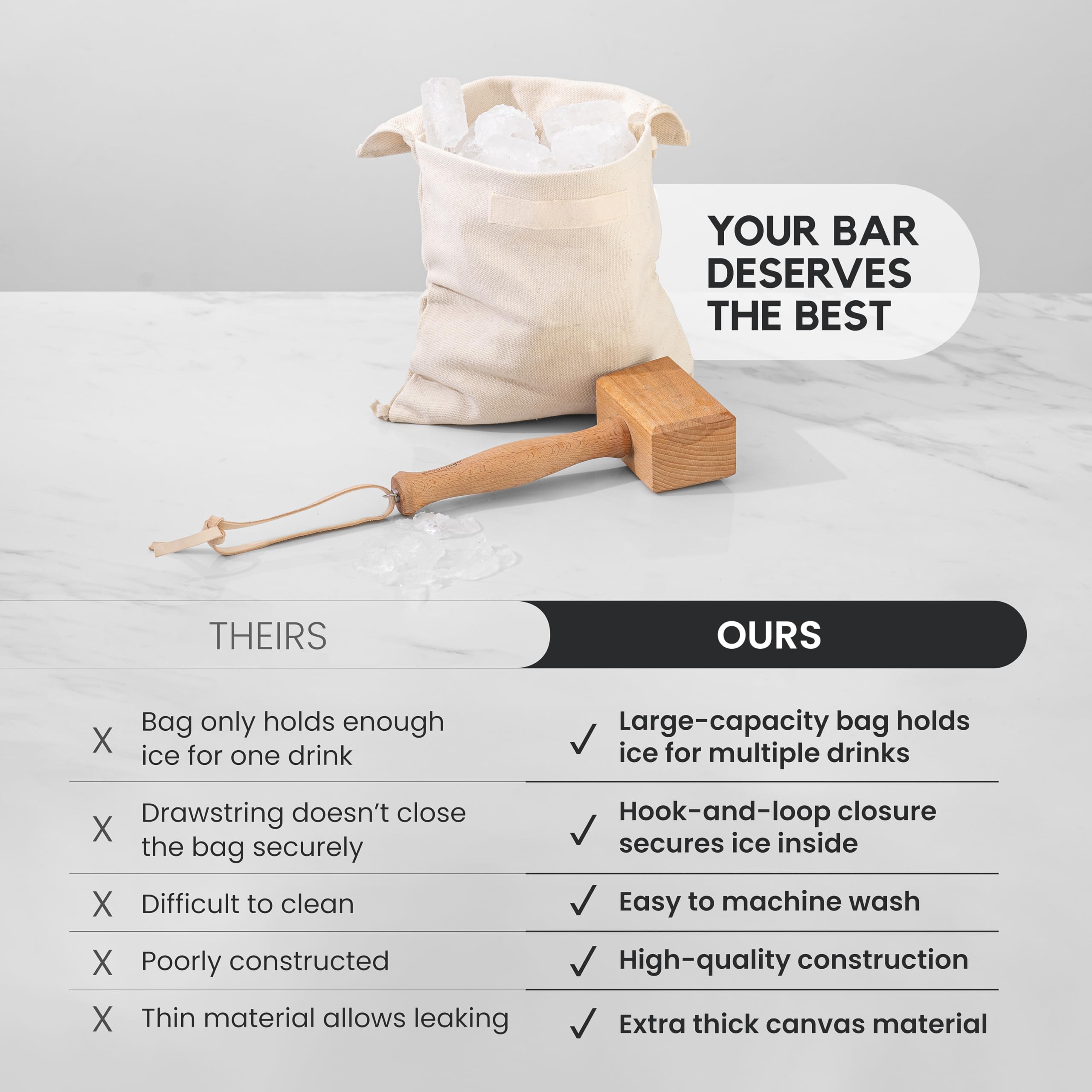 A Bar Above Mazo de hielo de madera y bolsa Lewis – Incluye trituradora de hielo manual extragrande y bolsa de lona Lewis de alta calidad – Martillo de hielo de grado profesional y bolsa de hielo para