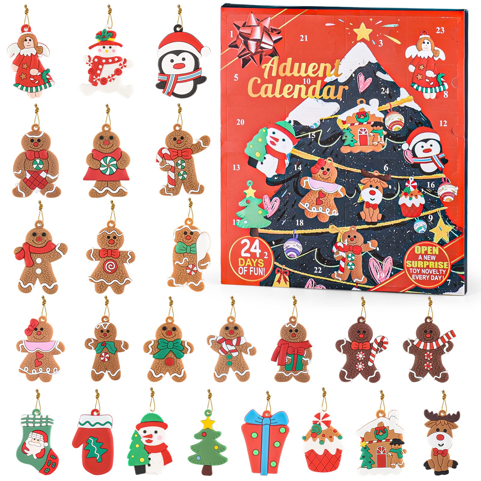 KABOER Christmas Advent Calendar with 24Pcs Silicone Gingerbread Man Christmas Hanging Ornaments for Party Favors Supplies-Christmas Ornament Advent Calendar