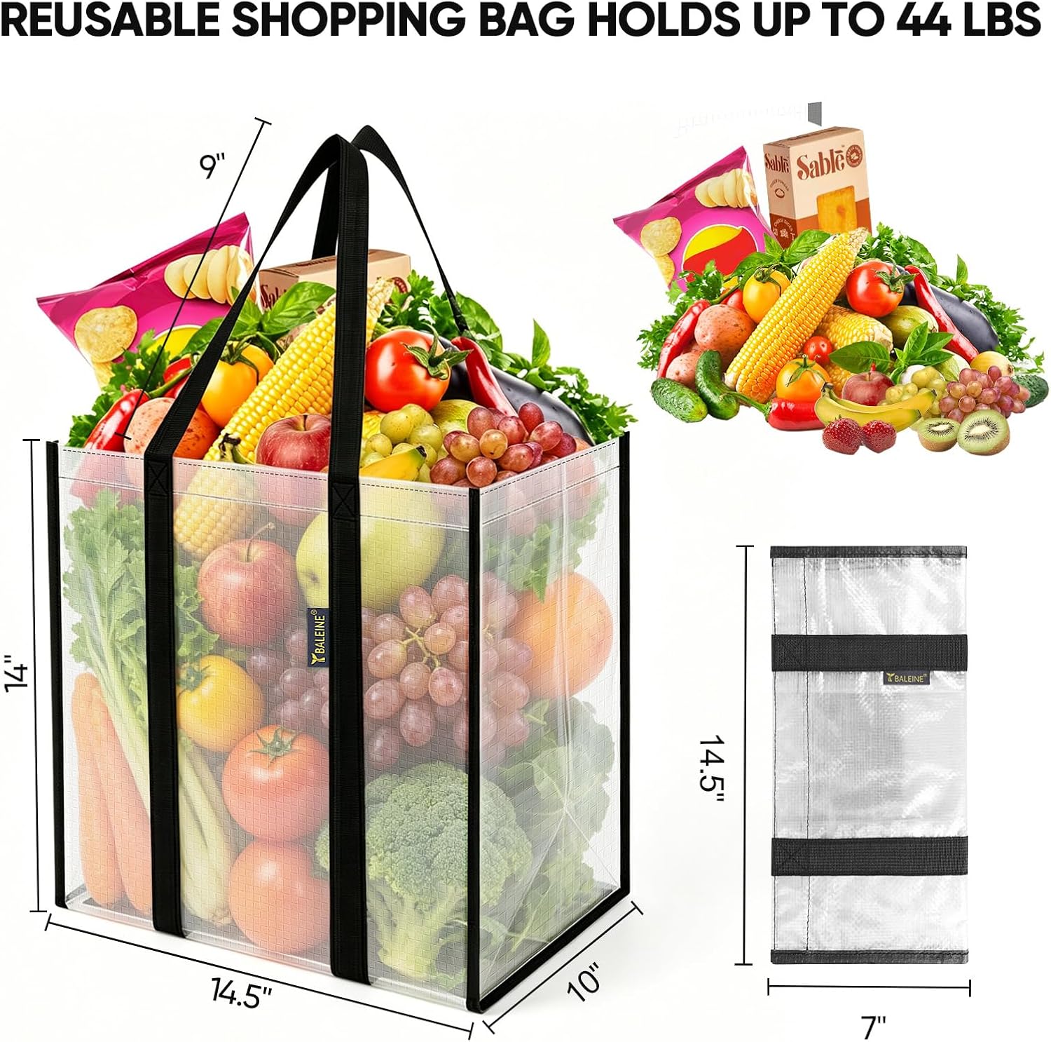 BALEINE 2 PK Grocery Bags Reusable Shopping Bags with Reinforced Bottom, Heavy Duty Foldable Tote Bags (Transparent) image 2
