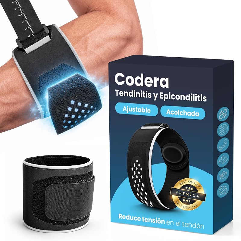 Cincha Epicondilitis Mujer y Hombre - Brazalete Codo de Tenista y Golfista - Codera para Pádel, Gimnasio y Tendinitis - Banda de Compresión Ajustable para Alivio del Dolor y Lesiones (Talla L)