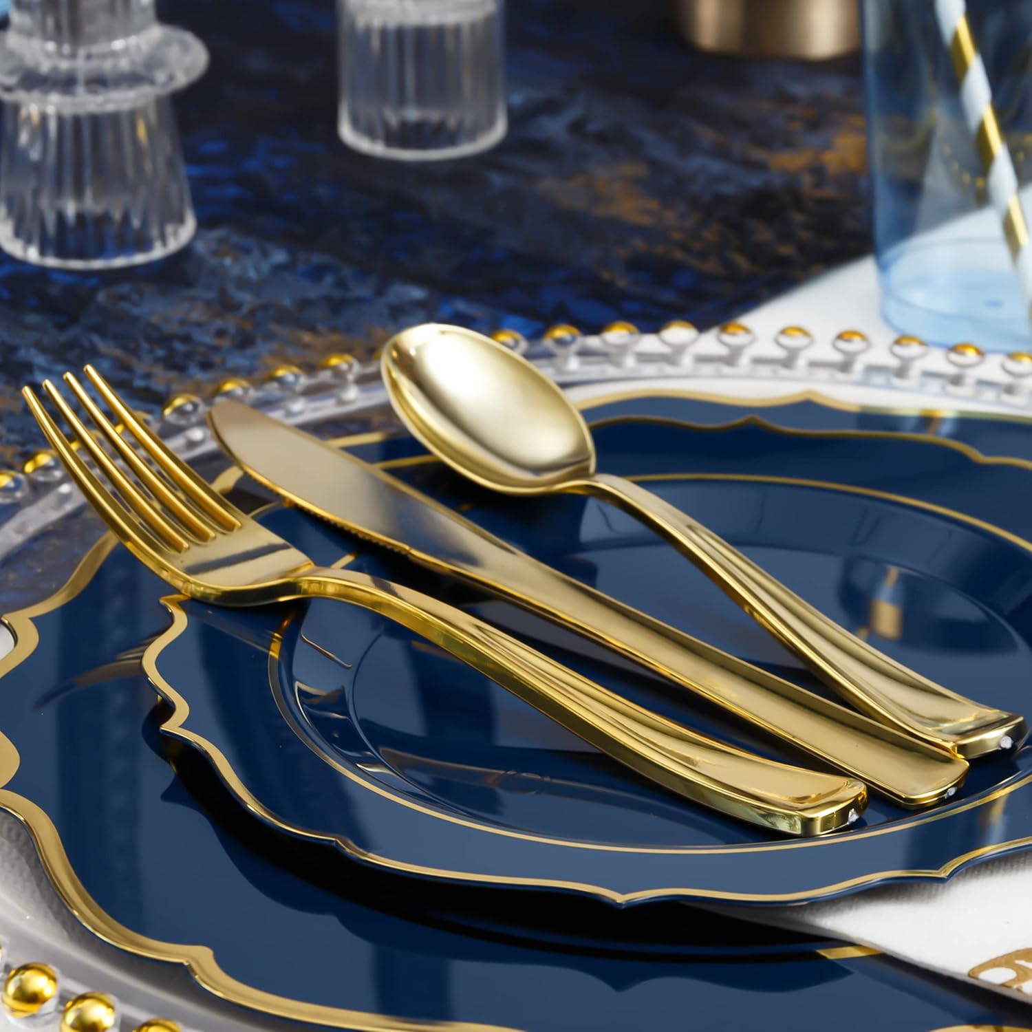 200 PCS Premium Blue Plastic Plates for 25 Guests, Heavy Duty Blue and Gold Disposable Plate, include 25 Plastic Dinner/Dessert Plates, 75 Silverware Set, 25 Cups, Straws for Party Christmas - Image 6