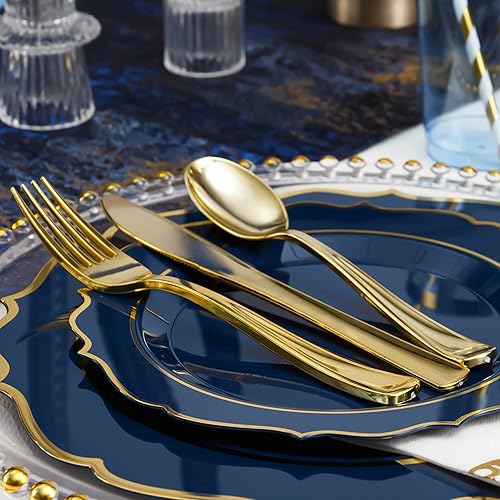 Miniatura 6 de 200 platos de plástico azul de alta calidad para 25 invitados, platos desechables azules y dorados, incluye 25 platos de plástico para cenapostre,