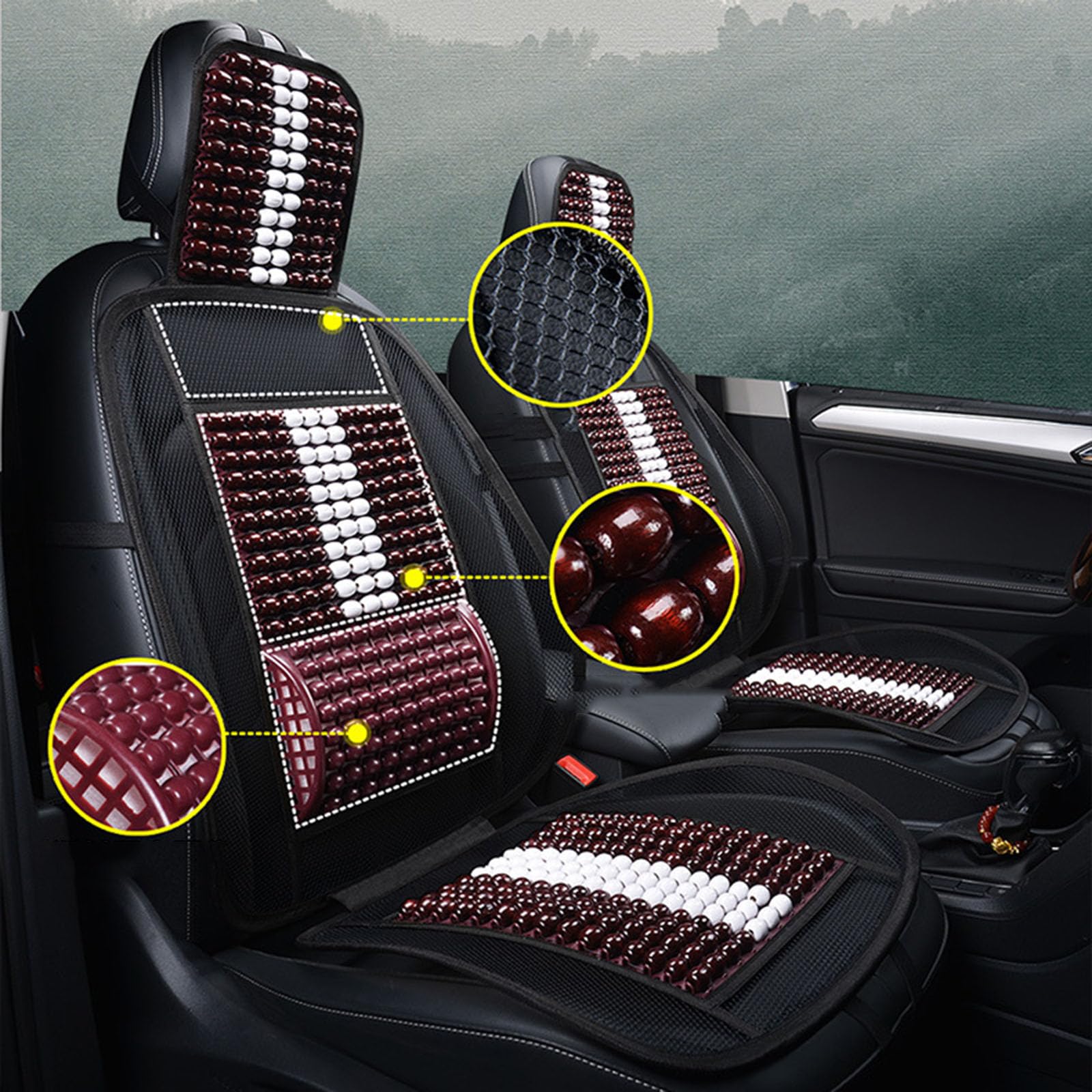Coussin de massage en bois avec perles pour siège de voiture - Double usage - Couleur noire