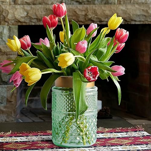 Miniatura 6 de Paquete de 2 jarrones de flores, jarrón verde acanalado con parte superior de metal dorado, elegante decoración para centro de mesa, cocina, sala de