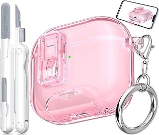 Funda MHYALUDO para AirPods de 4.ª generación (2024), Transparente, antiamarilleamiento, con Puerto de Carga a Prueba de Polvo y Soporte, con Kit de Limpieza, Color Rosa Cristal.
