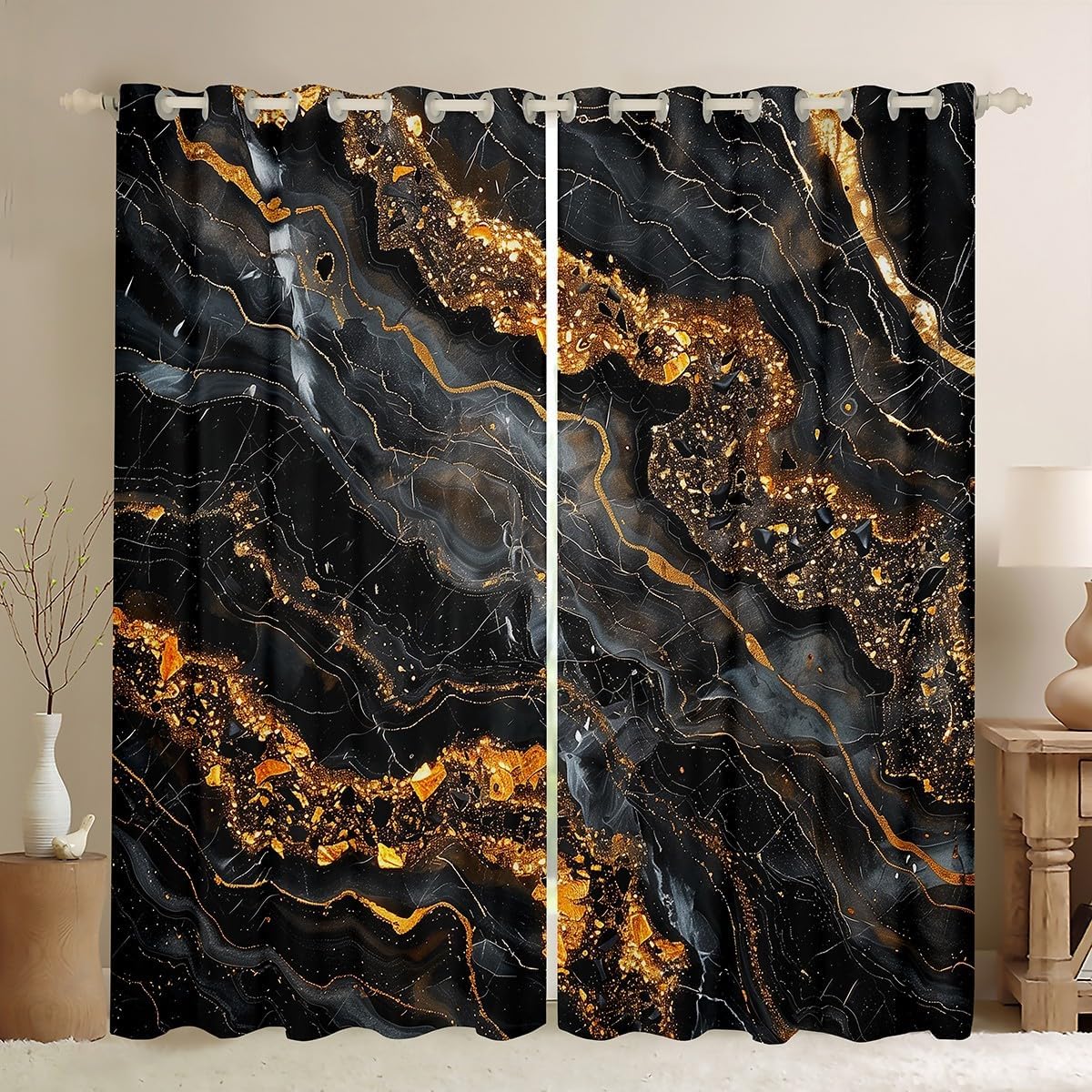 Marble Print Blackout Curtains,Gold Marbling Geometric Stripes Window Drapes for Boys Girls Adults,Artwork Abstract Stone Red Black Bright Window Treatments Grommet Top 2 Panel Set,42Wx84L inch