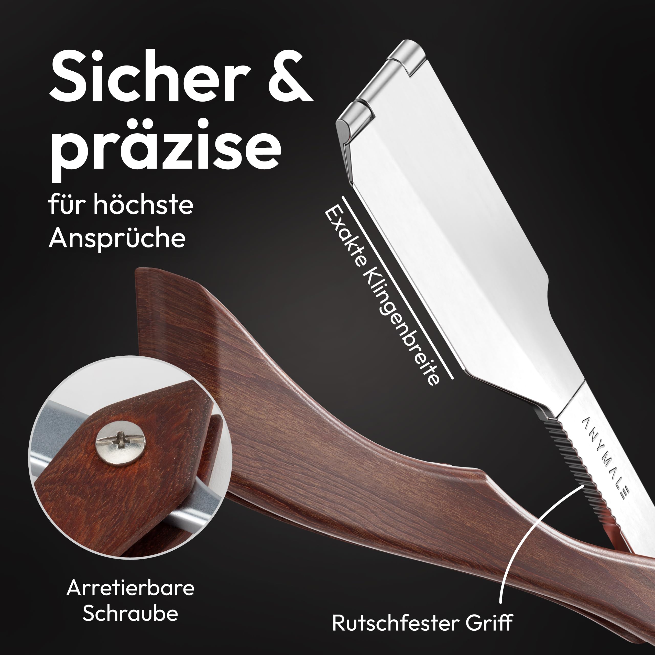 Premium Rasiermesser mit Wechselklinge "The Edge" für Herren Griff aus Sandel-Holz - Straight Razor Bart & Konturen inkl. 5 x Klinge - Edelstahl Barber & Friseur Nass-Rasierer Bartmesser Set