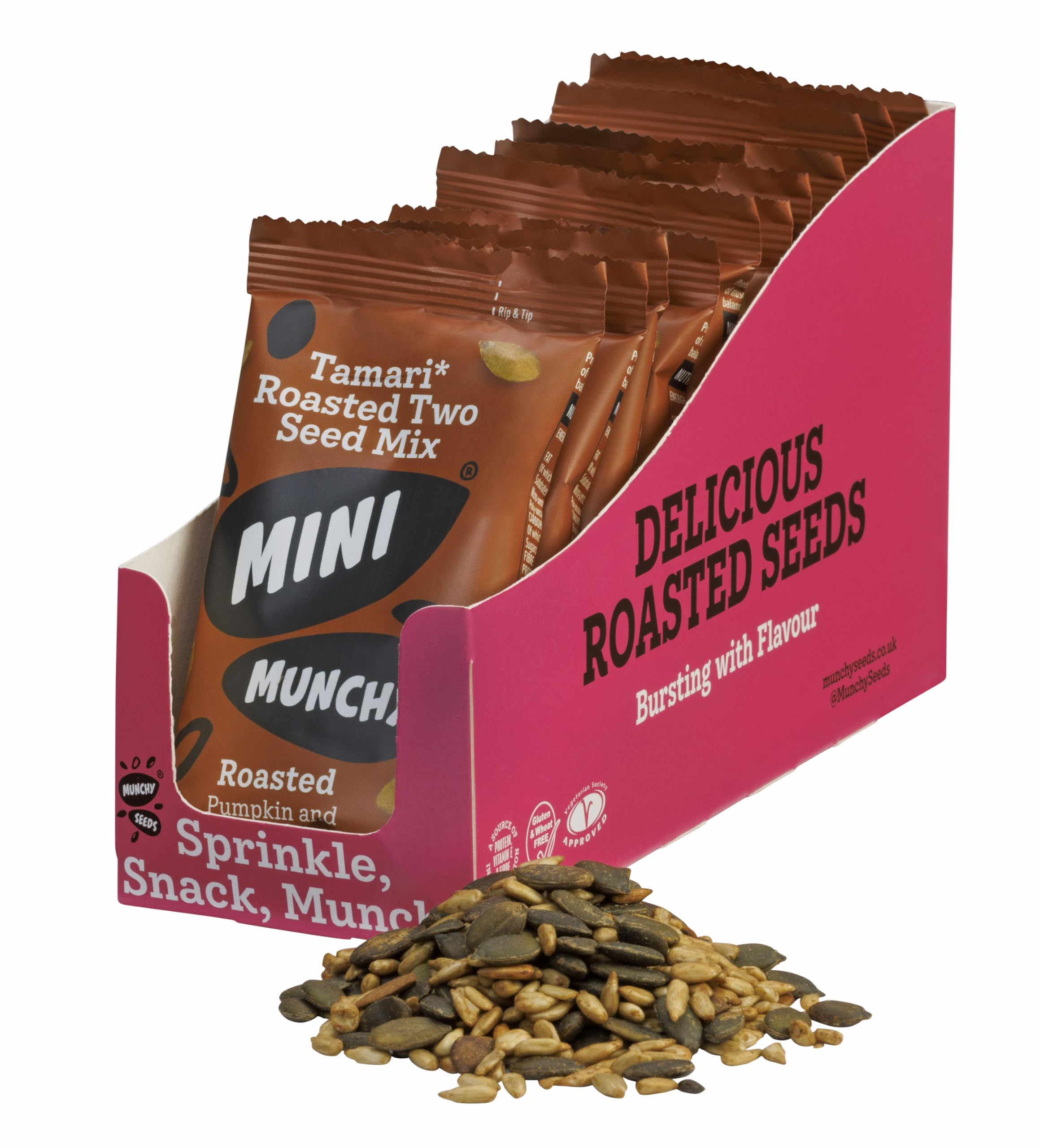 Munchy Seeds Mini Munchy Tamari Roasted Two Seed Mix, Pumpkin Seeds & Sunflower Seeds, Gluten Free Protein Snacks, Nutritious Source Of Vegan Protein, High Fibre Snacks, 12 x 30g Rip & Tip Bags