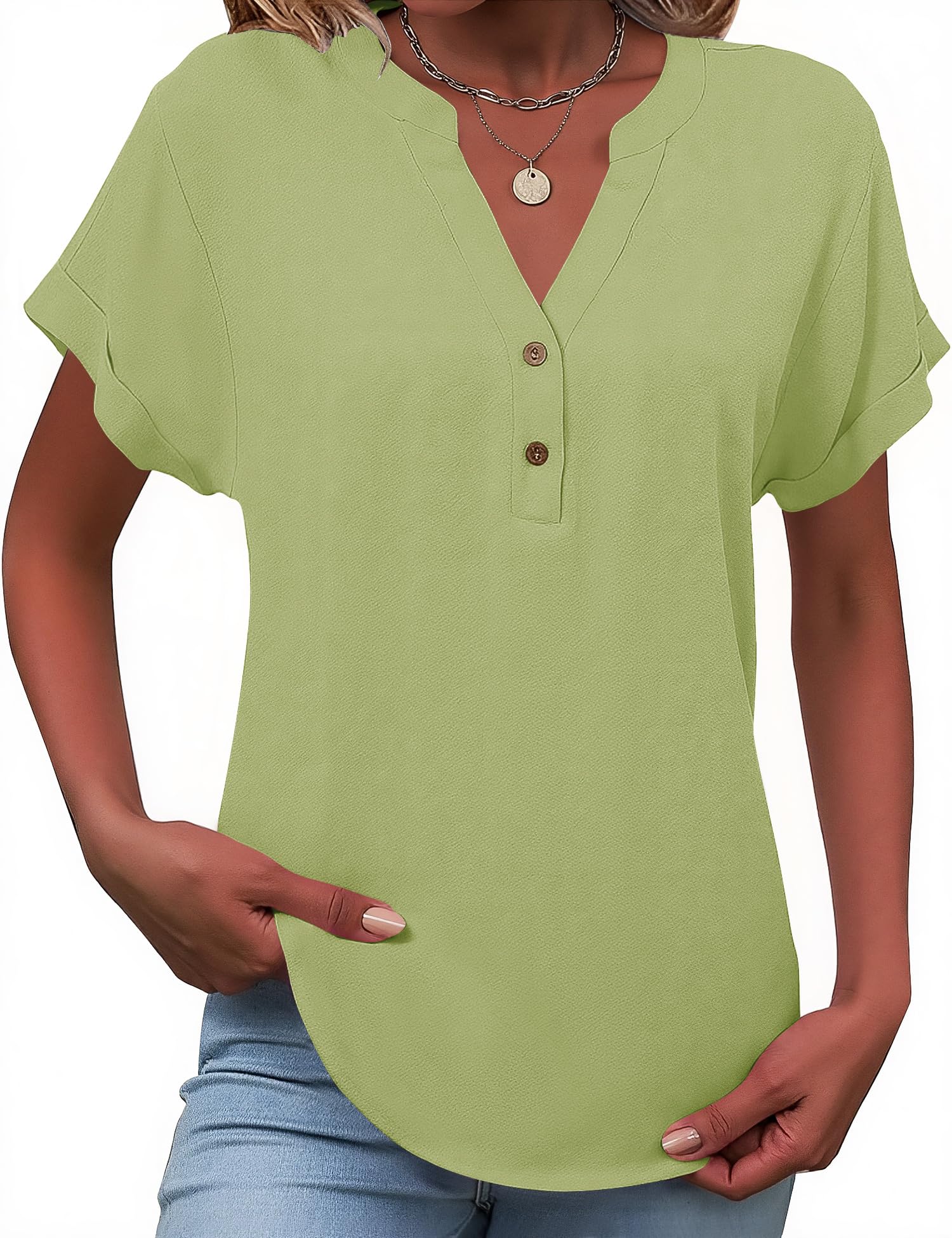 Tisfeer Leinenbluse Damen Sommer Kurzarm Bluse Baumwolle Leinen V-Ausschnitt mit Knopfleiste Locker Lässig Tunika Einfarbig