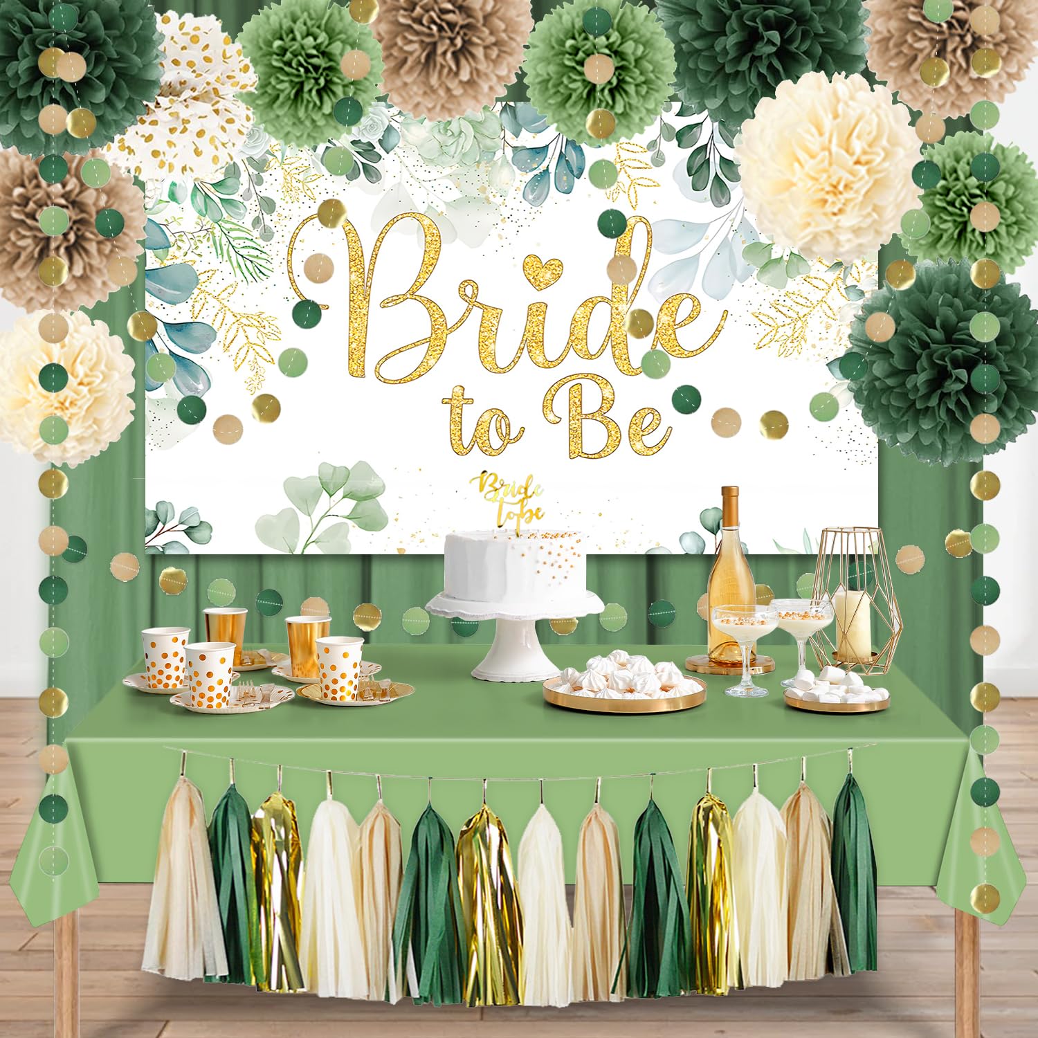 Bridal Shower Decorations,18pcs Sage Green Bachelorette Party Decorations Include Bride to Be Backdrop Cake Topper Paper Pompoms Tissue Tassel Garland