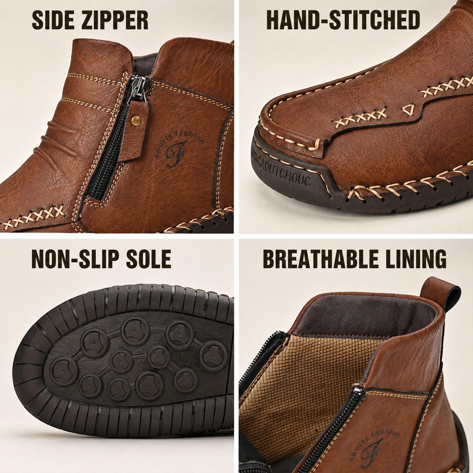 Pumio Chaussures de randonnée en Cuir Faites à la Main for Hommes | Fermeture éclair latérale, doublure polaire chaude, semelle en caoutchouc flexible, for la conduite(Black,37EU)
