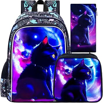 gxtvo 3PCS Girls Cat Bookbag, 16" Kids Backpack with Lunch Box, Water Resistant Elementary School Bag for Preschool Toddler