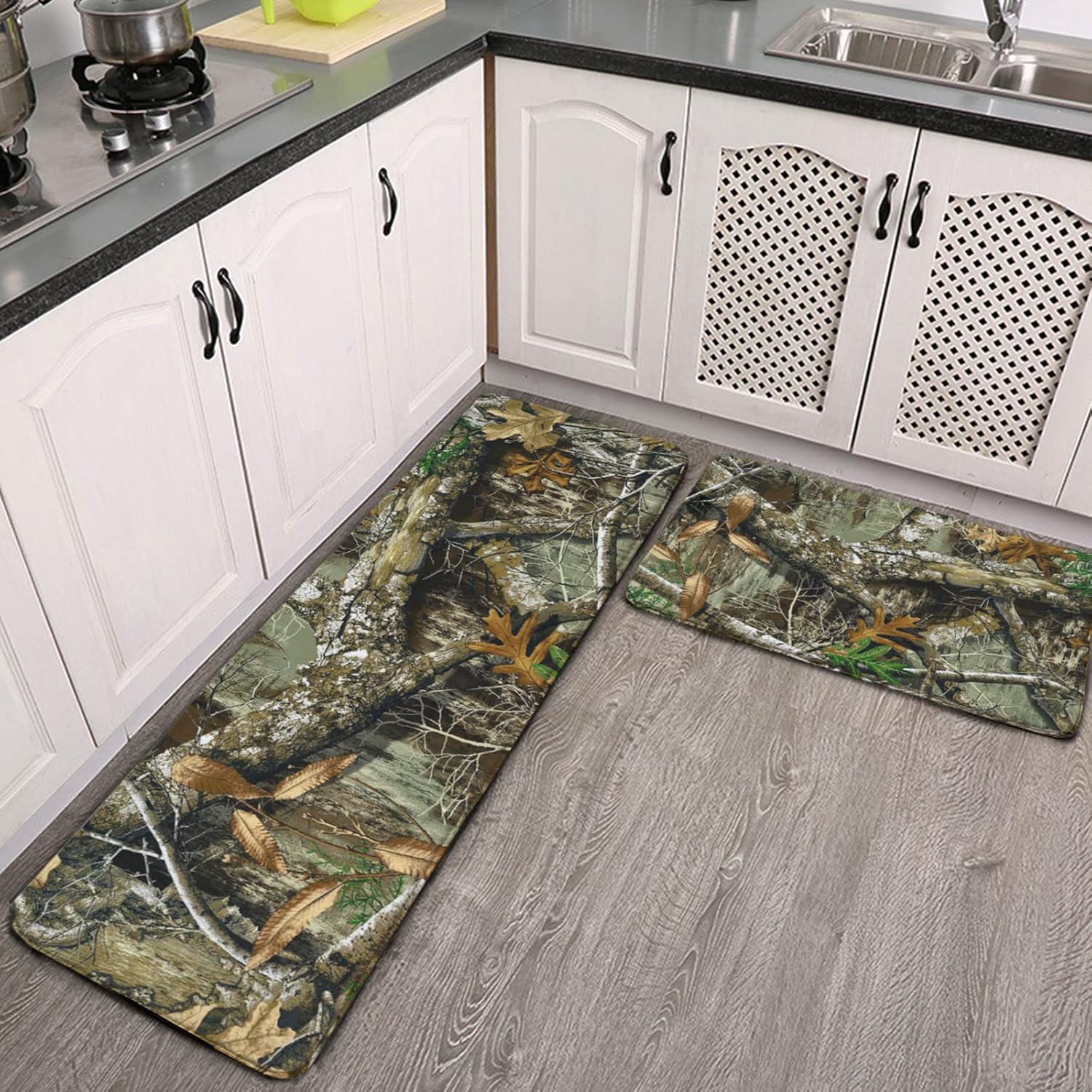 Autumn Hunting Tree Camo Pattern Kitchen Rug Set 2 PCS Floor Mats Washable Non-Slip Soft Flannel Runner Rug Doormat Carpet for Floor Home Bathroom, 17" x 47"+17" x 24"-M
