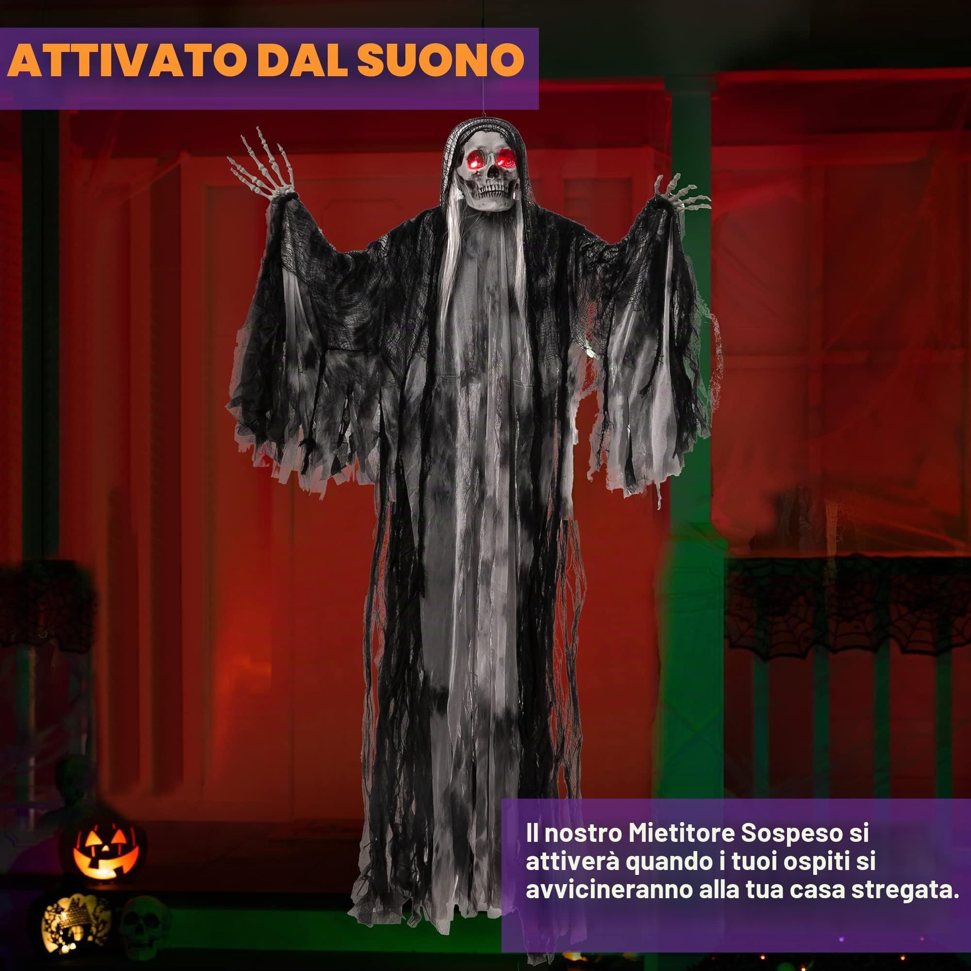 OYIN - Decorazioni animate da appendere per Halloween con occhi luminosi e suoni raccapriccianti, decorazioni per Halloween con scheletro fantasma decorazioni per casa infestata,
