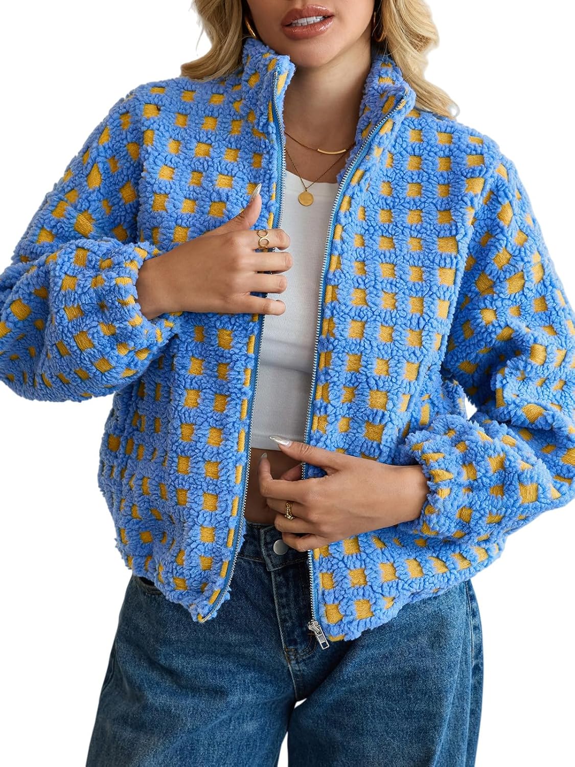 Oymyakon Women Checkered Sherpa Jacket Cropped Long Sleeve Fuzzy Plaid Fleece Coats Casual Zip Up Gingham Outwear - Image 2