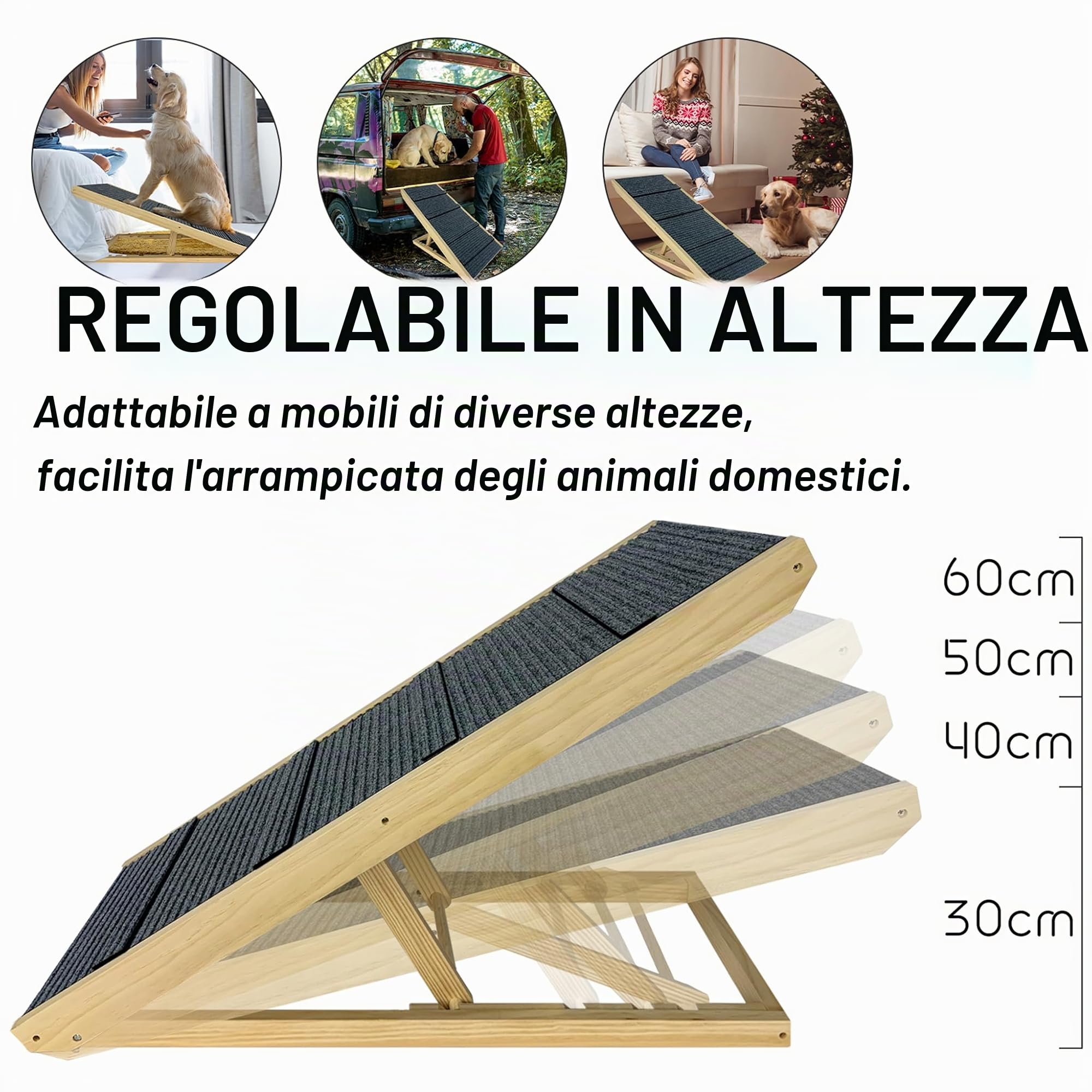 YRHome Rampa pieghevole per cani in legno, per letto, divano o auto, scala per animali domestici fino a 100 kg, rampa per gatti portatile, regolabile in altezza, con inserto antiscivolo