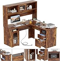 Vista 7 de Unikito Escritorio en forma de L con cajones, escritorio de oficina de 60 pulgadas con toma de corriente y luces LED, escritorio de esquina