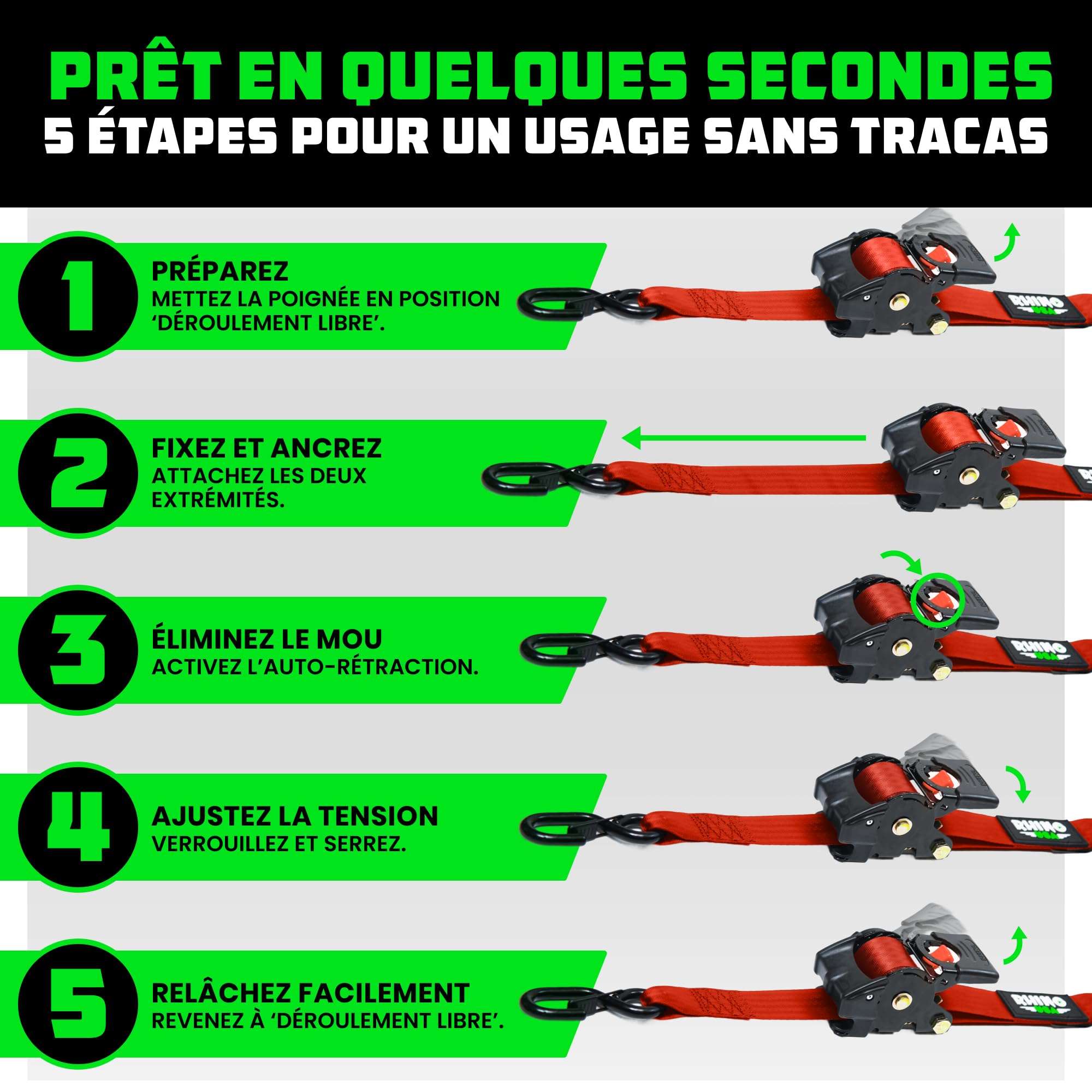 Rhino USA Sangles d'arrimage rétractables à cliquet (Paquet de 2) - Résistance à la Rupture de 1360 kg, y Compris (2) Sangles d'arrimage Auto-rétractables de 5 cm x 3 m - Rouge