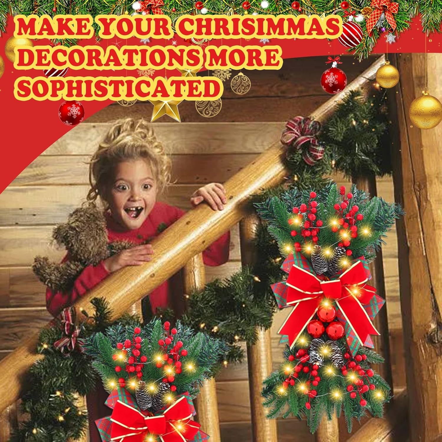 4 Pack Christmas Swags with Lights - 24" Prelit Artificial Xmas Staircase Swag Hanging Lighted Wreath Front Door Teardrop Swag Garland Christmas Swags for Decorating Outdoor Home Garden Decor