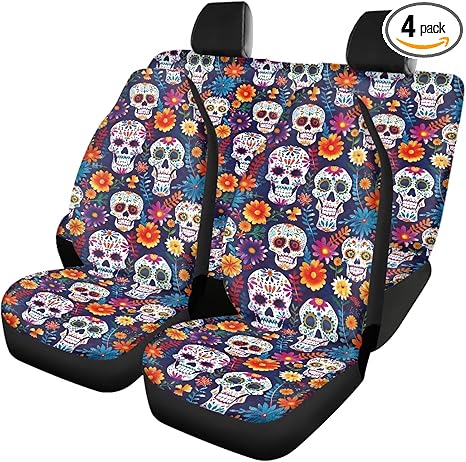 Sugar Skull Flower Print 4 Pieces Car Seat Cover Washable Front Seats and Rear Bench Seat Elastic Auto Interior Decoration for Auto Trucks Van SUV