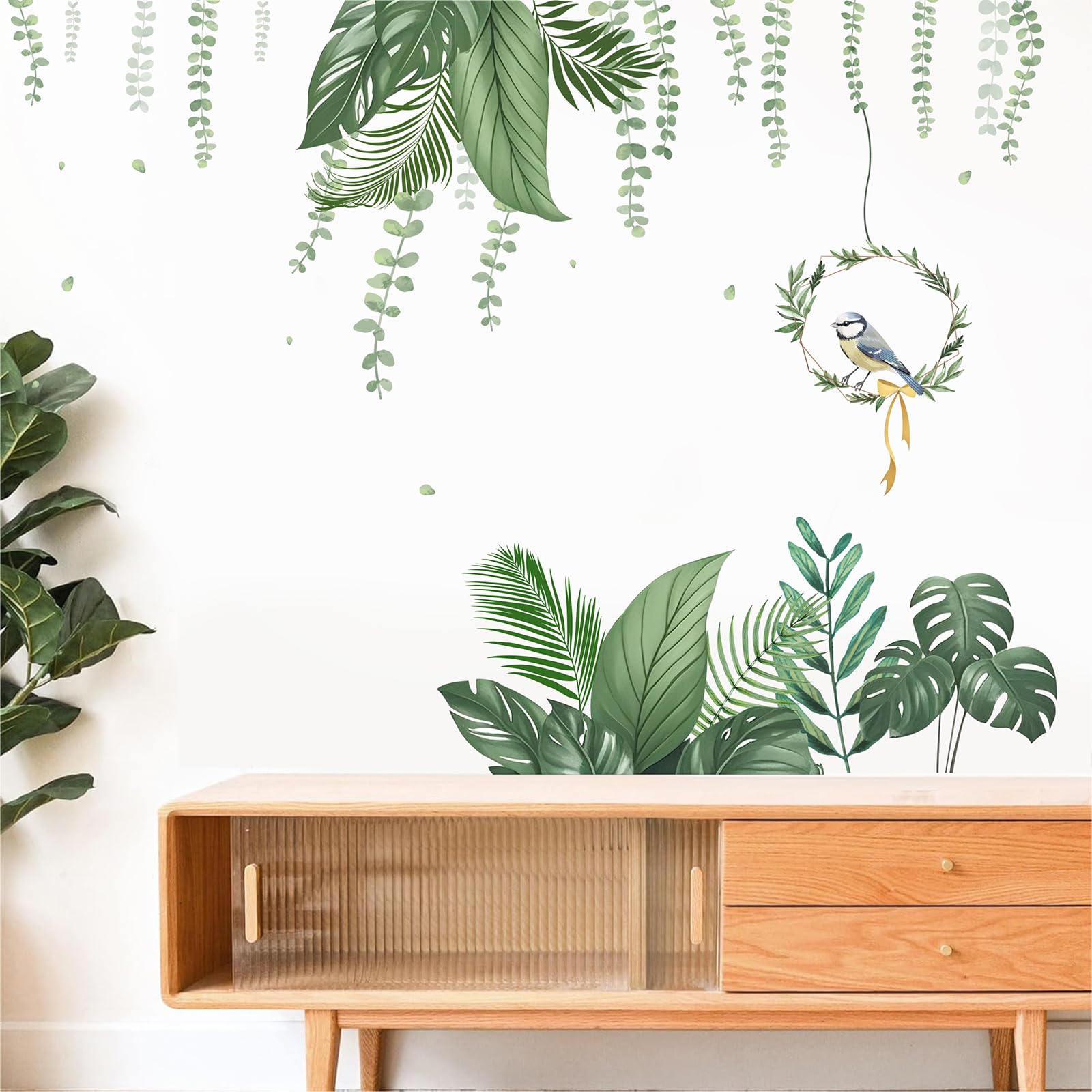 KAIRNE Green Tropical Leaves Wall Stickers Hanging Plants Green Jungle Wall Decals Parrot Wall Art Nature Hanging Vine Palm Clings for Bedroom Living Room Sofa TV Background - Image 3