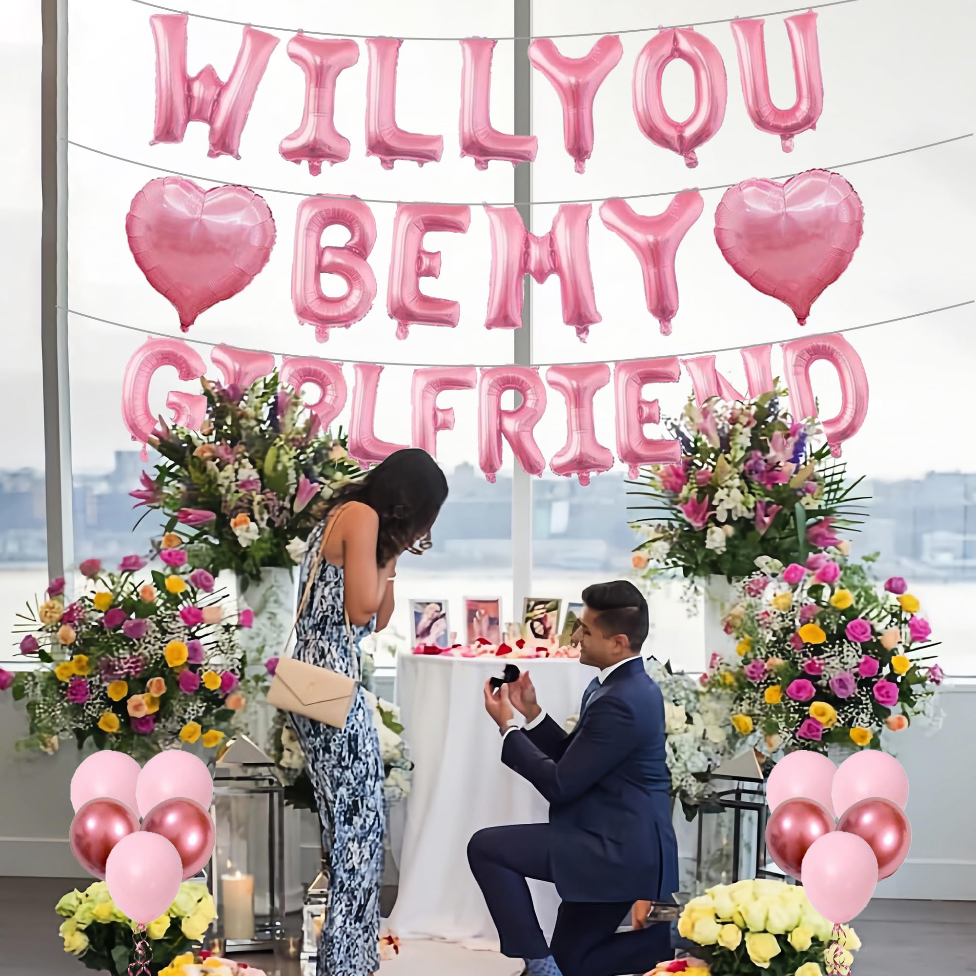 Will You Be My Girlfriend Balloon Set - Pink Proposal Decor With Heart Balloons & Rose Petals