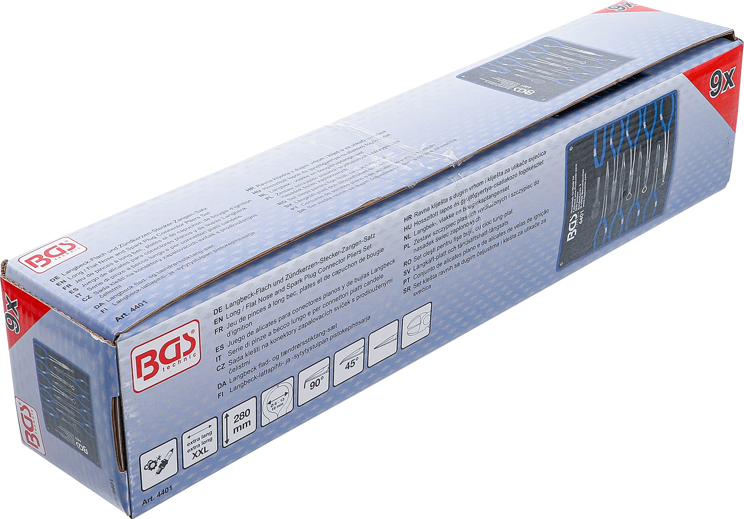 BGS 4401 | Juego de alicates para conectores planos y de bujías Langbeck | extra larga | 9 piezas