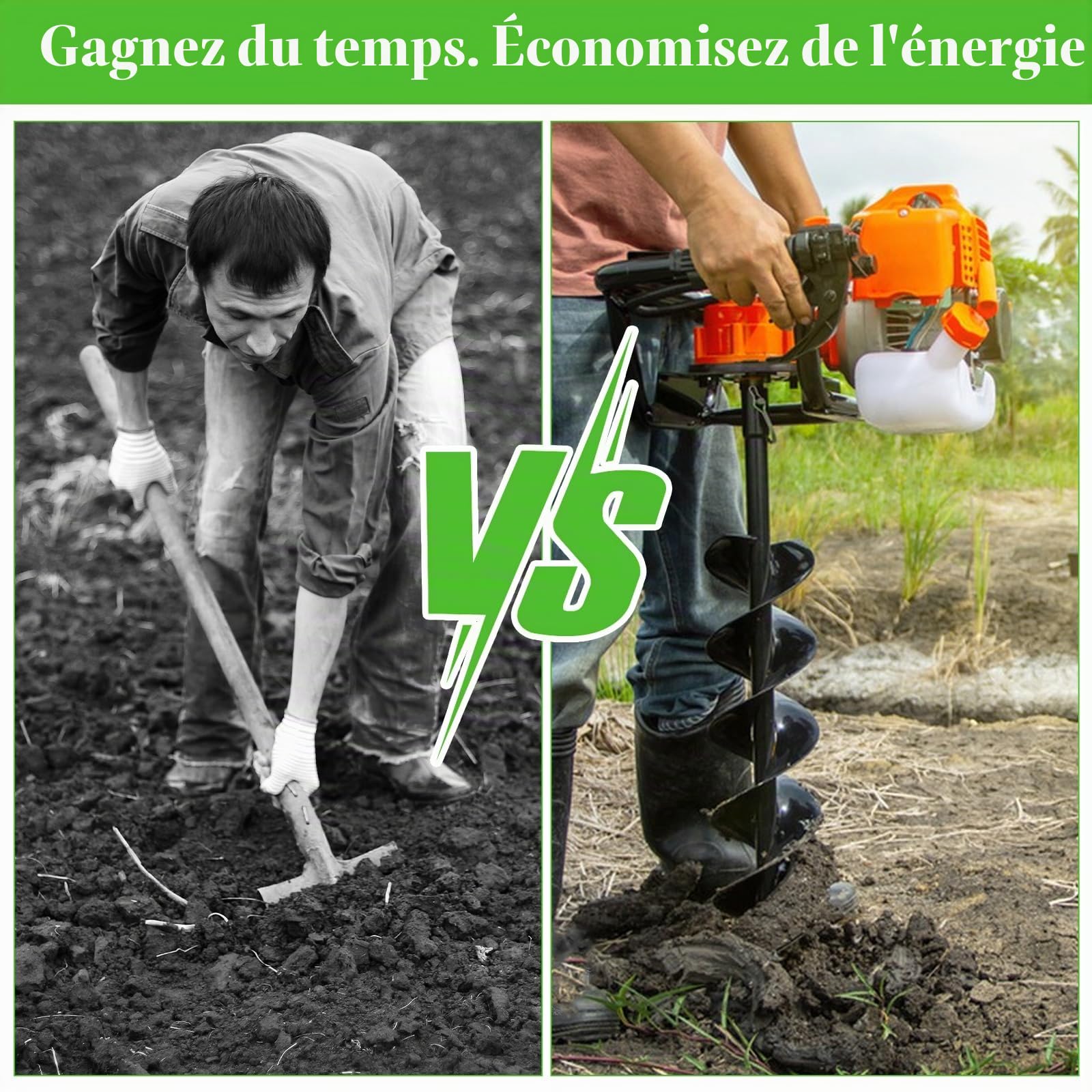 APACALI 1 tarière manuelle de 60 à 85 cm, réglable, avec poignée antidérapante amovible, tarière pour visseuse sans fil, tarière de jardin pour pose de poteaux de clôture, plantation
