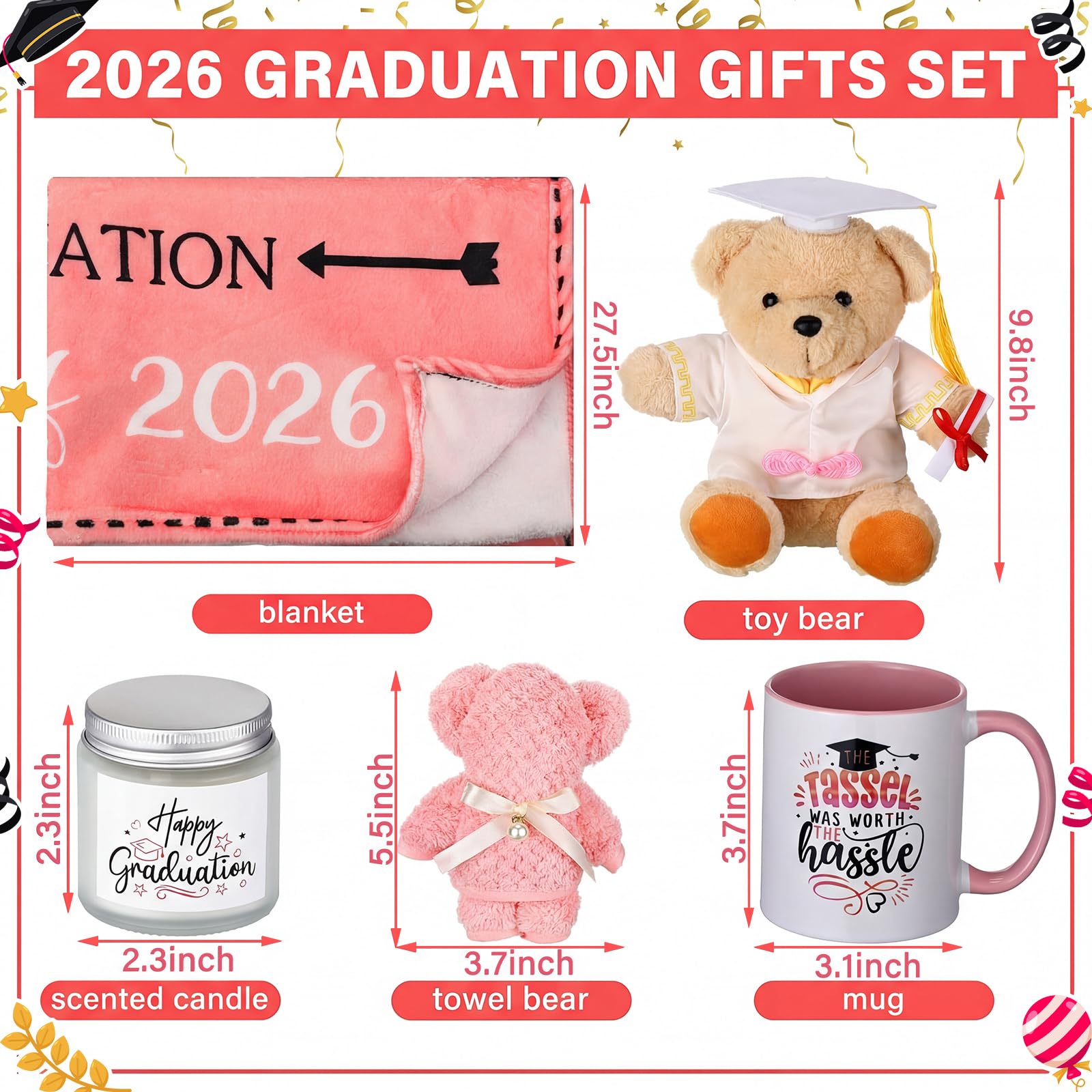 ReliThick Juego de 10 piezas de regalos de graduación universitaria 2024 para él, ella, felicitaciones, graduación, cesta de regalo que incluye manta de graduación, calcetines de tarjeta de oso, taza,
