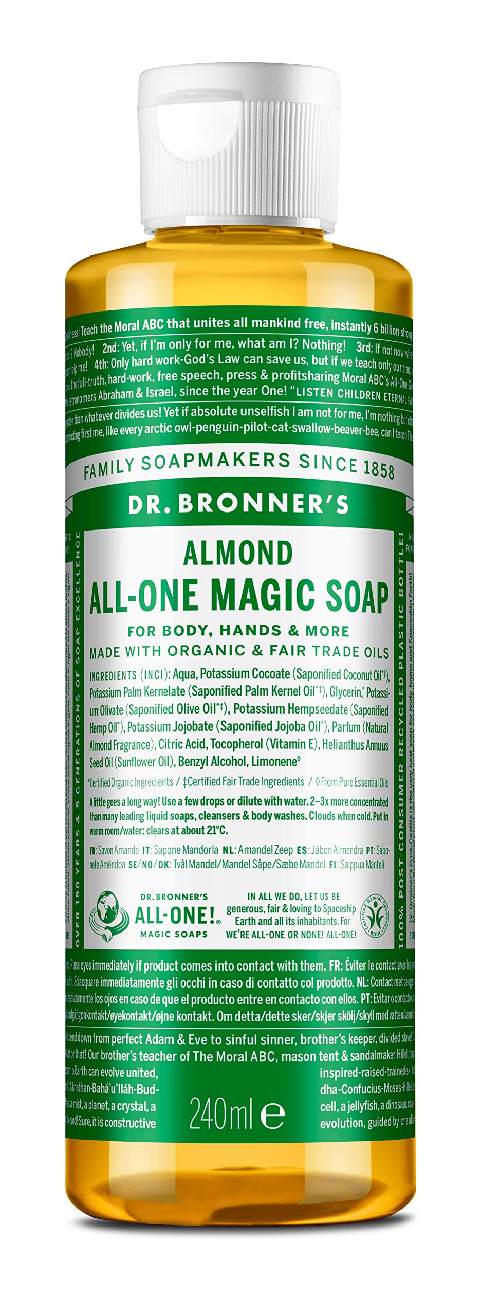 Dr Bronner's 18-in-1 Peppermint Pure-Castile Liquid Soap, Made with Organic Oils, Used for Face, Body, Hair, Laundry, Pets and Dishes, Certified Fair Trade & Vegan Friendly, 473ml Recycled Bottle — view 15