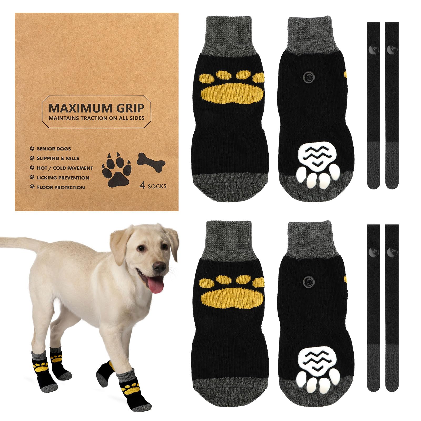 2 Pairs Anti Slip Dog Socks Paws Stop Licking, Dog Paw Protectors, Dogs Socks with Grips and Adjustable Straps, Walking Boots for Senior and Injured Dogs on Hardwood Floor Indoor Outdoor (M)