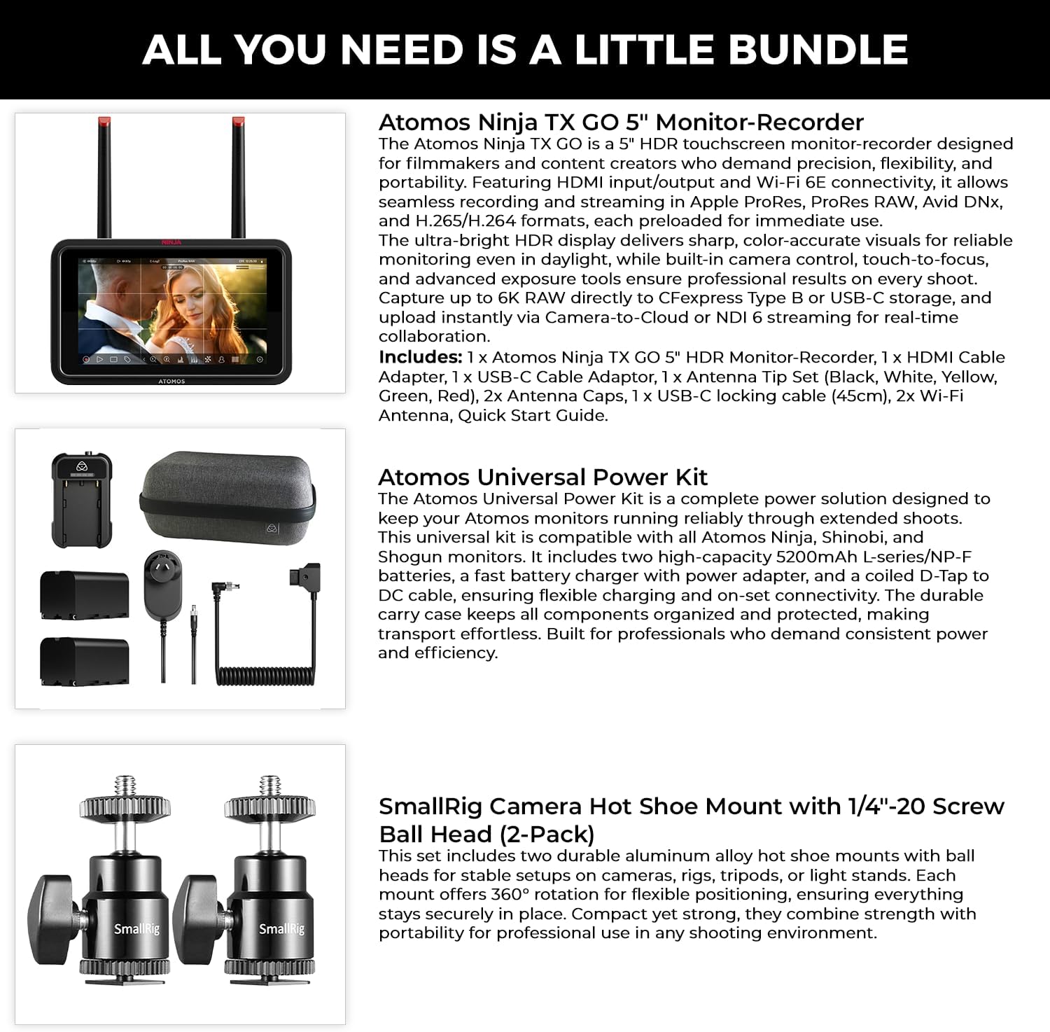 Atomos Ninja TX GO 5" Camera Monitor-recorder, HDMI CFexpress Wi-Fi - HDR Touchscreen Display with Atomos Universal Power Kit & Aluminum Alloy 1/4" Camera Hot Shoe Mount (2 Pack) - Advanced Bundle Kit