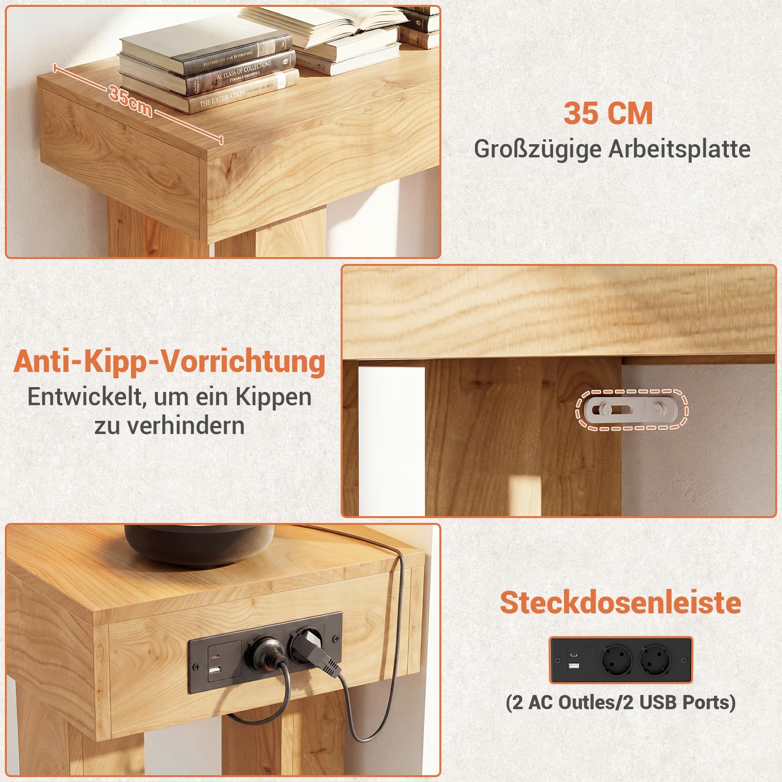 iSunirm Konsolentisch mit Steckdose, 120x35x85 cm schmaler Flurtisch mit 2 Steckdosen, 2 USB & Bewegungsmelder-Licht, Sofatisch für Flur, Wohnzimmer, hinter Sofa, Natureiche