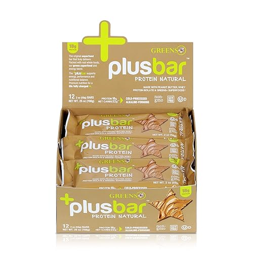 Greens+ Plusbar Protein Natural, Gluten-Free Whey Protein Bar with Organic Ingredients, Non-GMO Green Protein Bars, 12 Pack