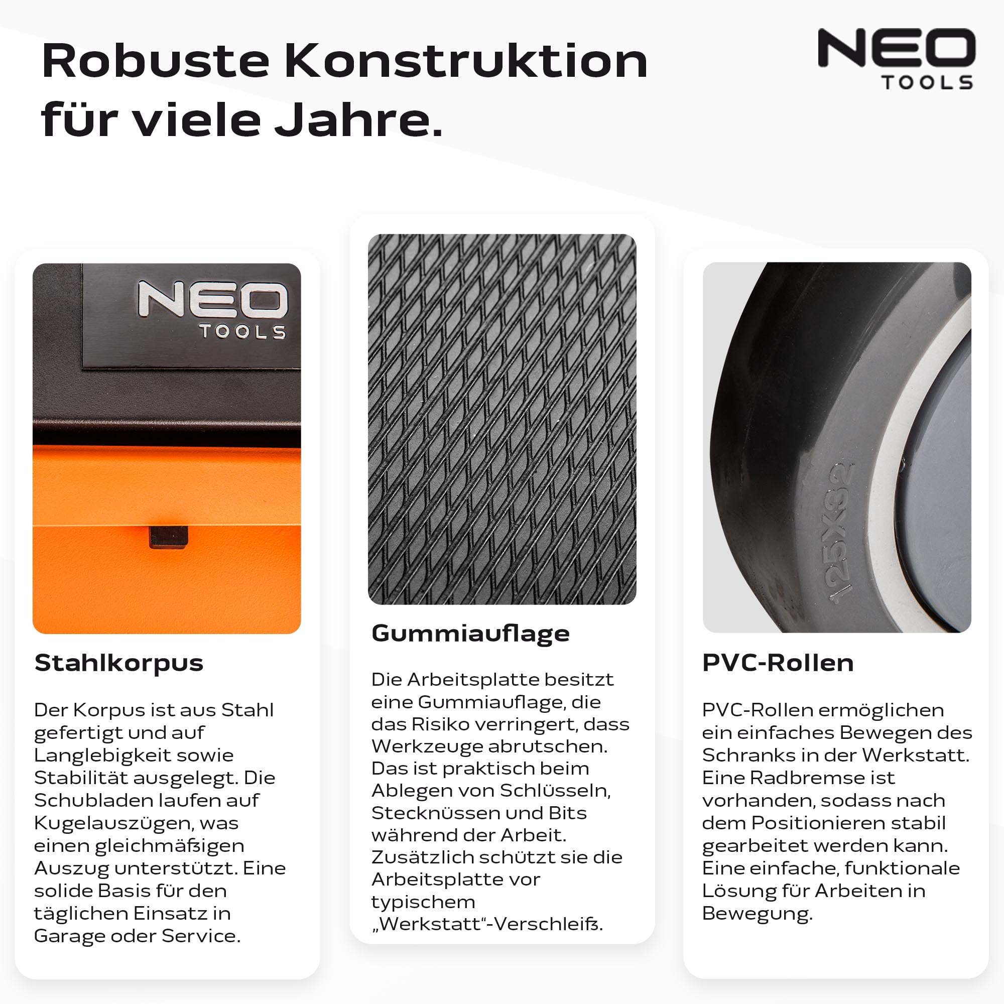 NEO TOOLS Werkzeugschrank 680x460x1030 mm, 7 Werkzeugschubladen, Belastbarkeit 280 kg, öl- und fettbeständiges Oberteil, Zentralverriegelung, Schubladenverriegelung, 5"-Lenkrollen mit Feststellern