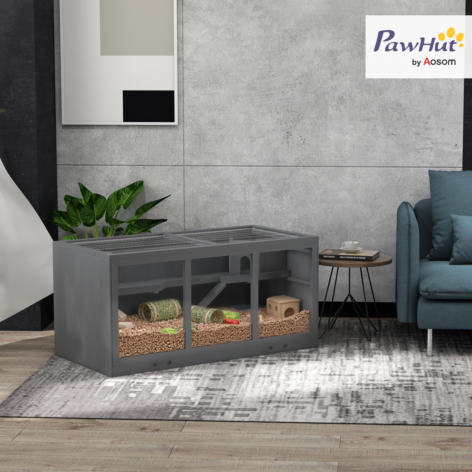 PawHut Jaula de madera para hámster de 3 niveles, con bandeja limpiable, jaula para animales pequeños, con tapa plegable, para hámsters enanos, 115 x 57 x 55 cm, gris