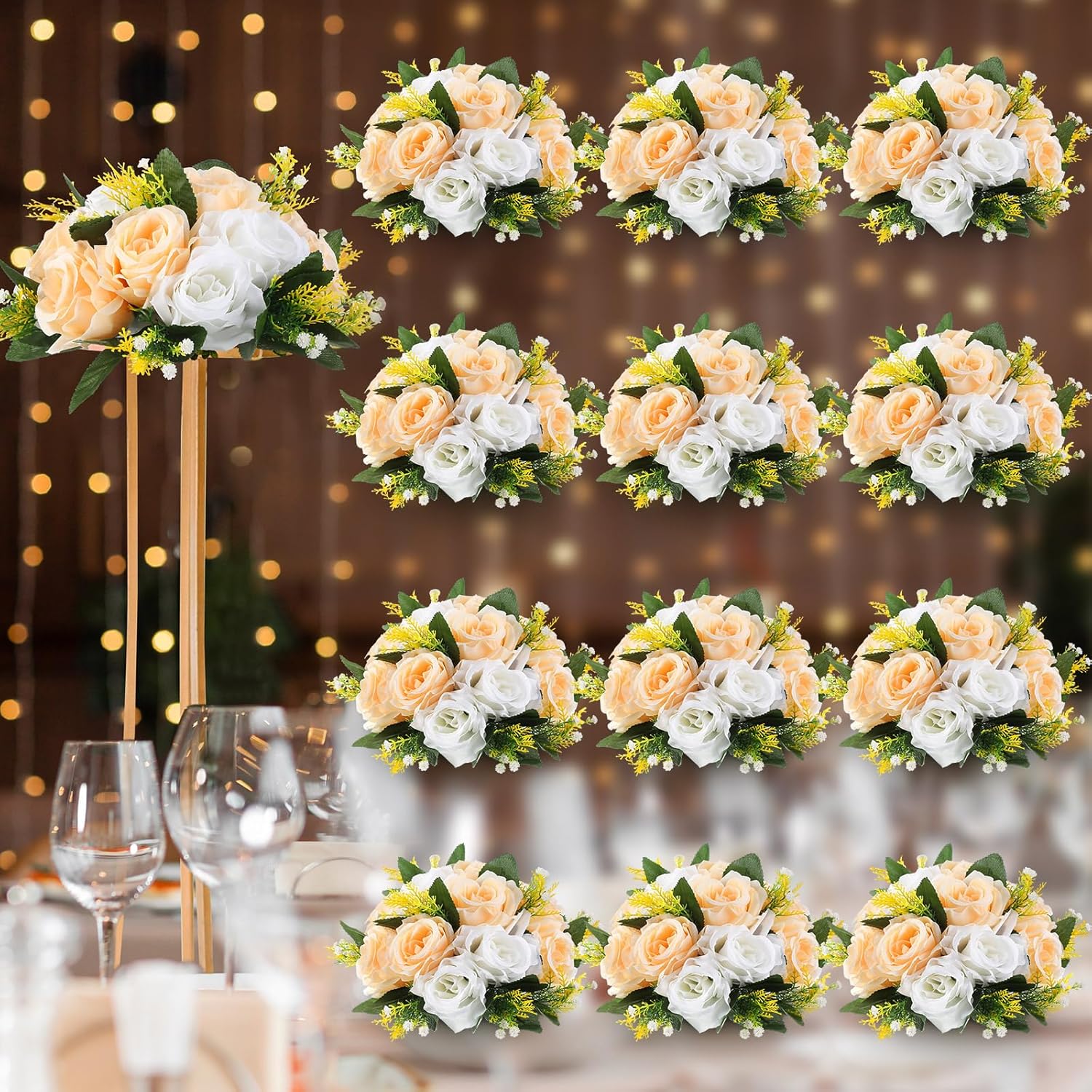 Hotop 12 Pcs Flower Balls Wedding Rose Centerpieces Silk Flower Kissing Balls Arrangement Artificial Hydrangea Flower Bouquet Faux Rose Floral Decoration (Champagne,White)