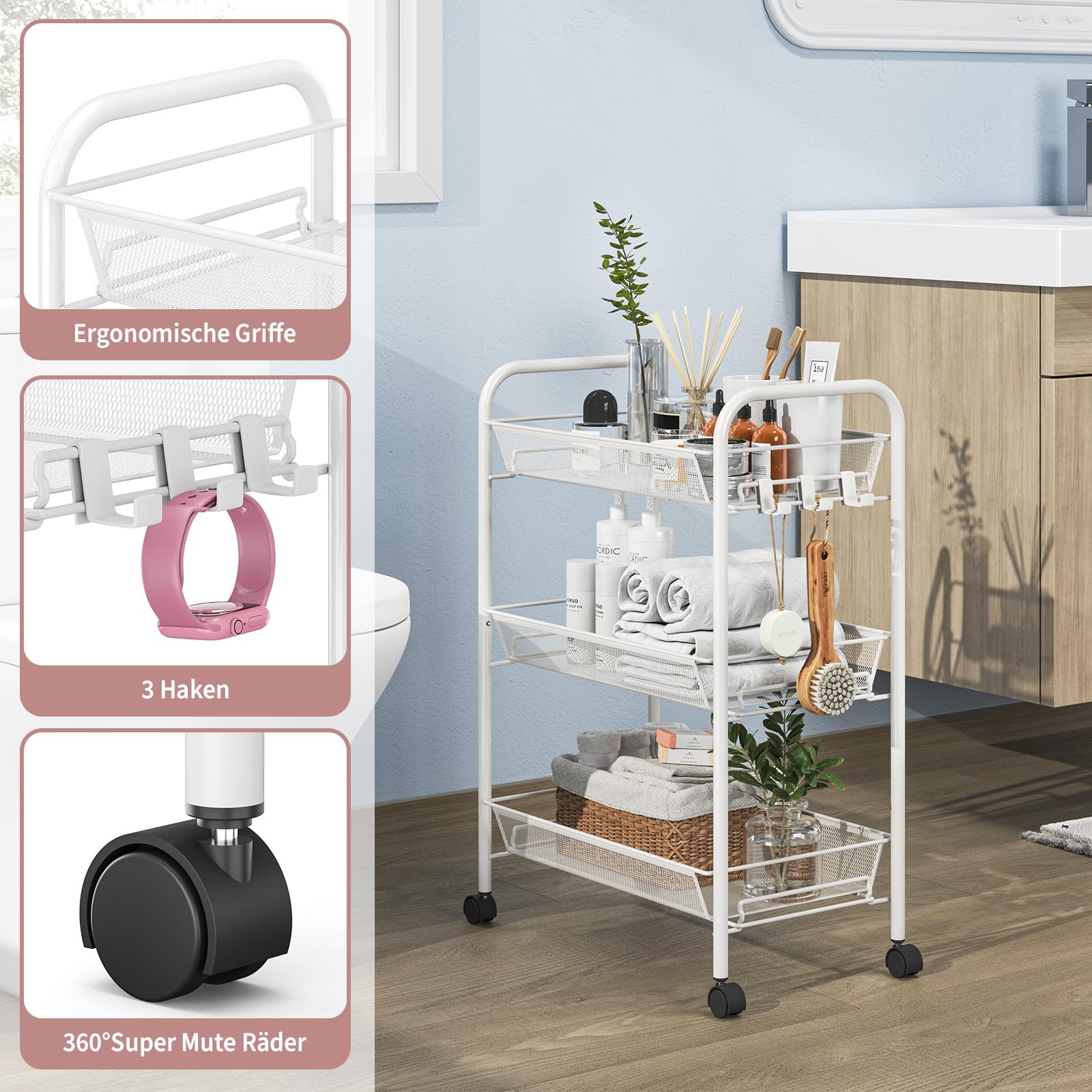 Urackify Rolwagen met 3 verdiepingen, multifunctionele mobiele keukentrolley voor badkamer, keuken en bijkeuken. Roestvrij metaal, ademende netmand en zijhaken inclusief. Eenvoudige montage, paars